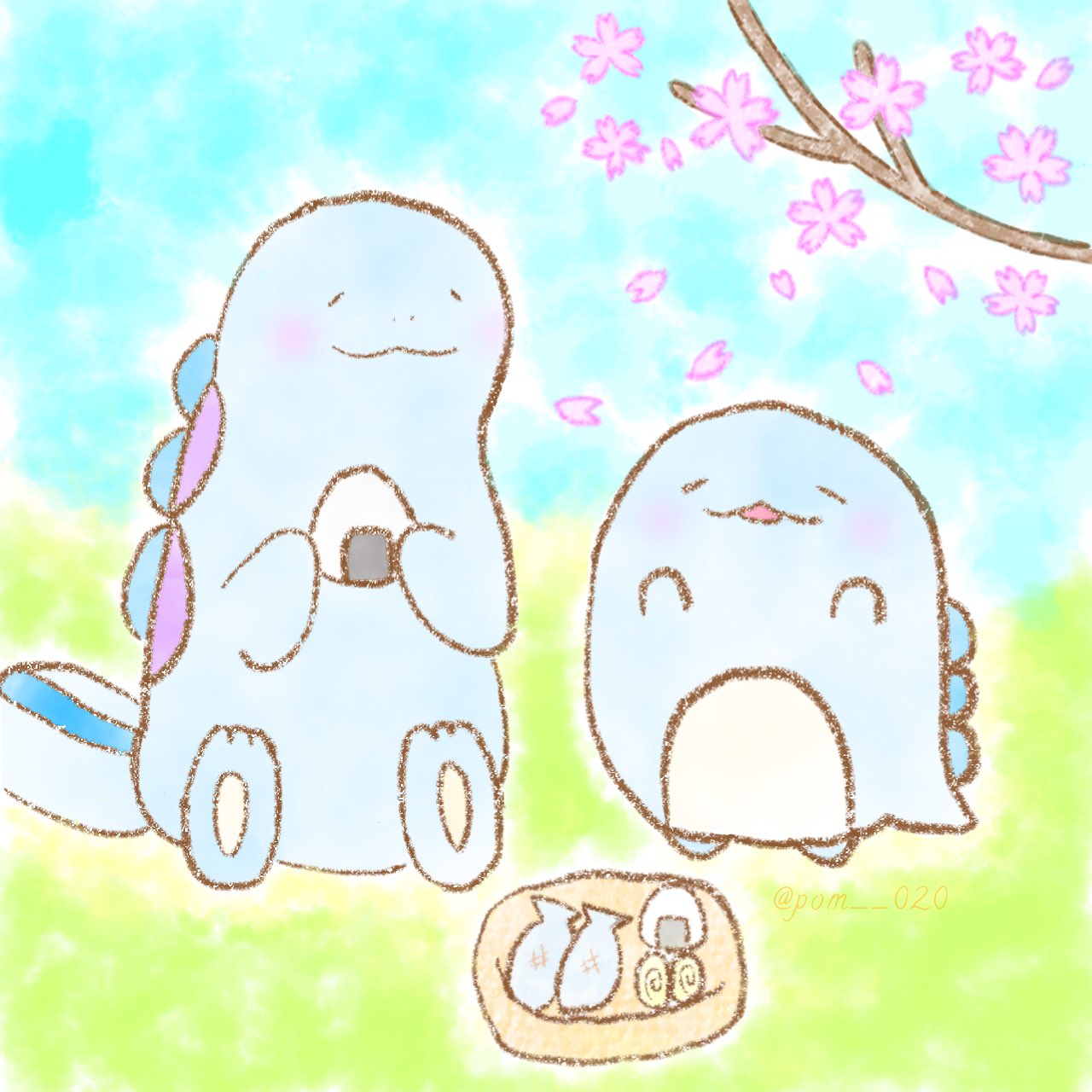 quagsire, nintendo, pokemon, blue sky, cherry blossoms, gen 2 pokemon, sky, sumikko gurashi, tokage (sumikko gurashi)