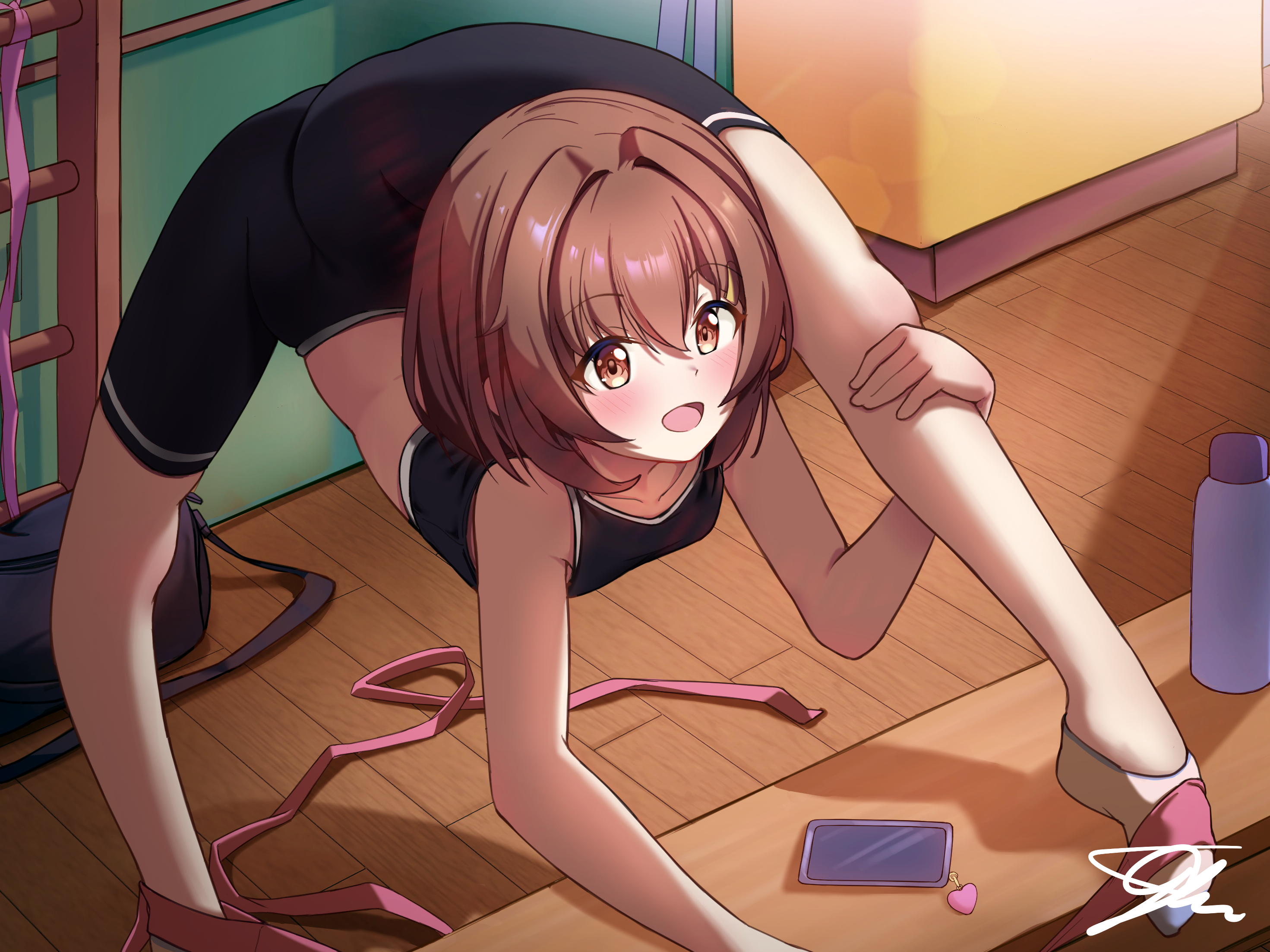 contortiong, original, commission, highres, pixiv commission, 1girl, bag, bike shorts, black bag, black shorts, black sports bra, brown eyes, brown hair, cellphone, contortion, flexible, gymnastics, holding own leg, hot water bottle, open mouth, oversplit, phone, short hair, shorts, shoulder bag, smartphone, split, sports bra, spread legs