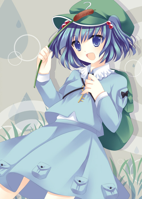 takase kanan, kawashiro nitori, touhou, bad id, bad pixiv id, 1girl, backpack, bag, blue eyes, blue hair, child, female focus, hair bobbles, hair ornament, hat, matching hair/eyes, randoseru, short hair, solo, twintails, two side up