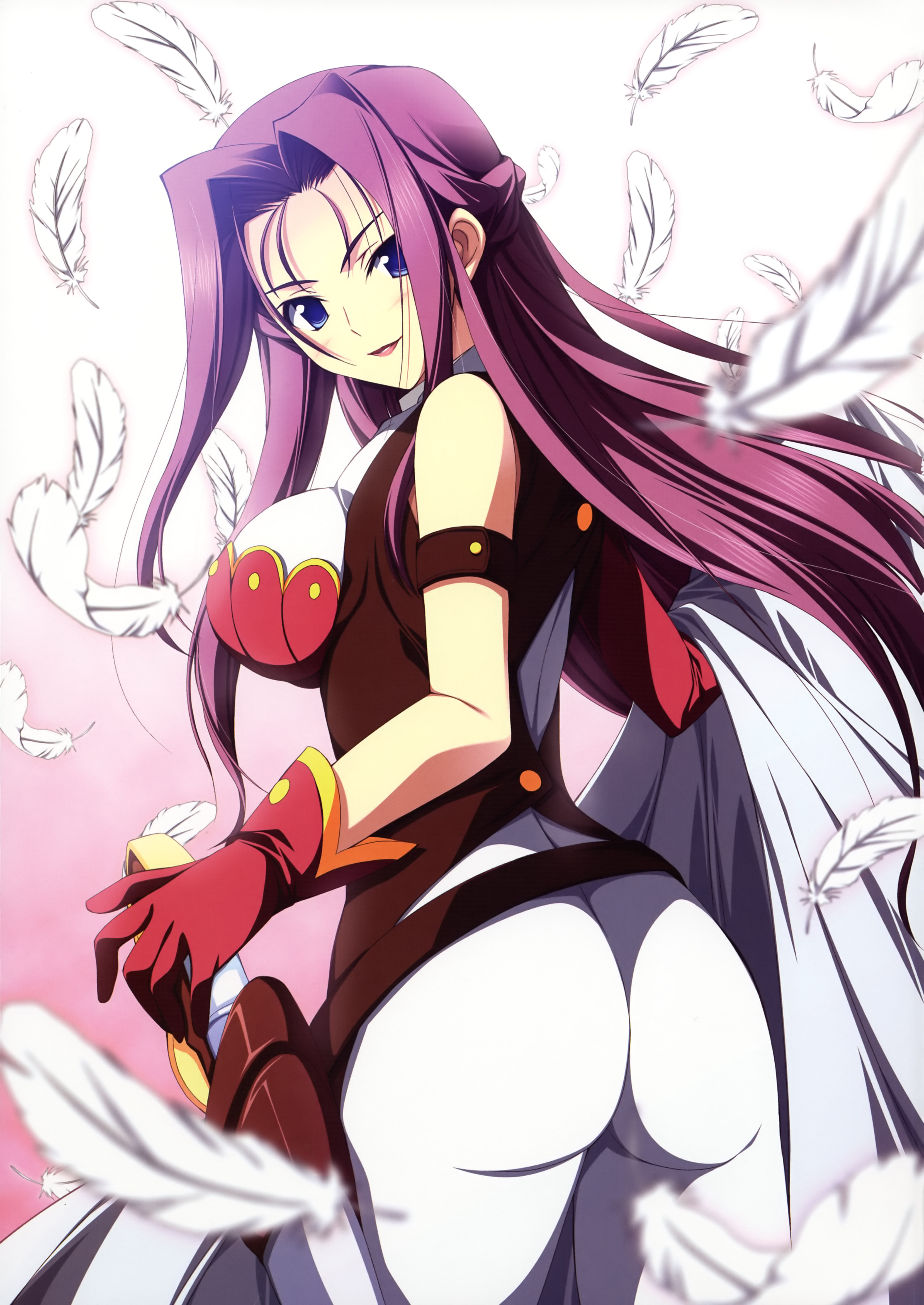yuuki makoto (radiant), cornelia li britannia, code geass, absurdres, highres, 00s, 1girl, ass, blue eyes, breasts, feathers, female focus, from behind, gloves, large breasts, long hair, looking back, purple eyes, purple hair, sideboob, skin tight, smile, solo, spandex, wings