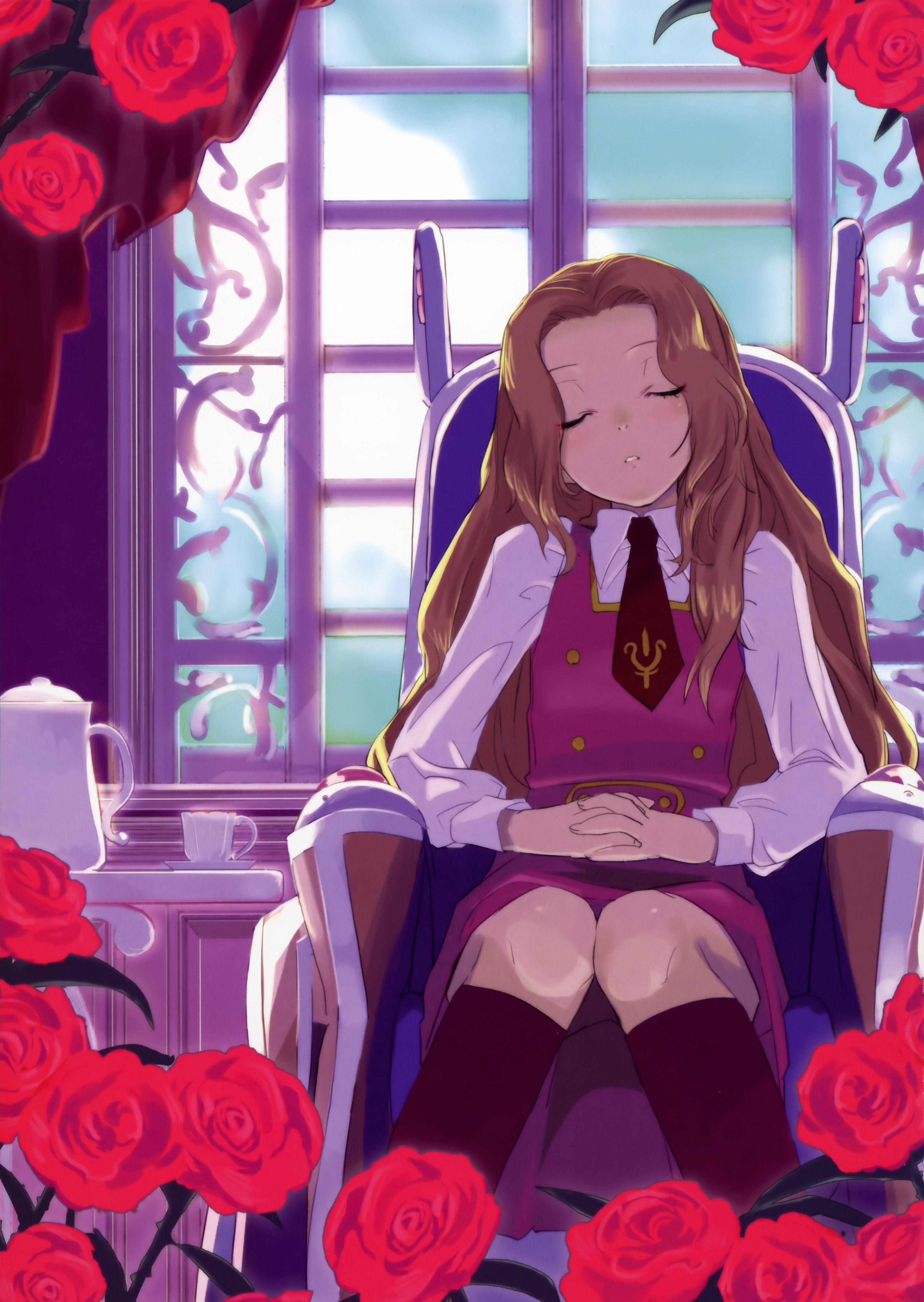 ma@ya, nunnally vi britannia, code geass, absurdres, highres, 00s, 1girl, black socks, brown hair, closed eyes, cup, dress, female focus, flower, head tilt, kneehighs, long hair, necktie, own hands clasped, own hands together, parted lips, rose, sitting, sleeping, sleeping upright, socks, solo, teacup, window