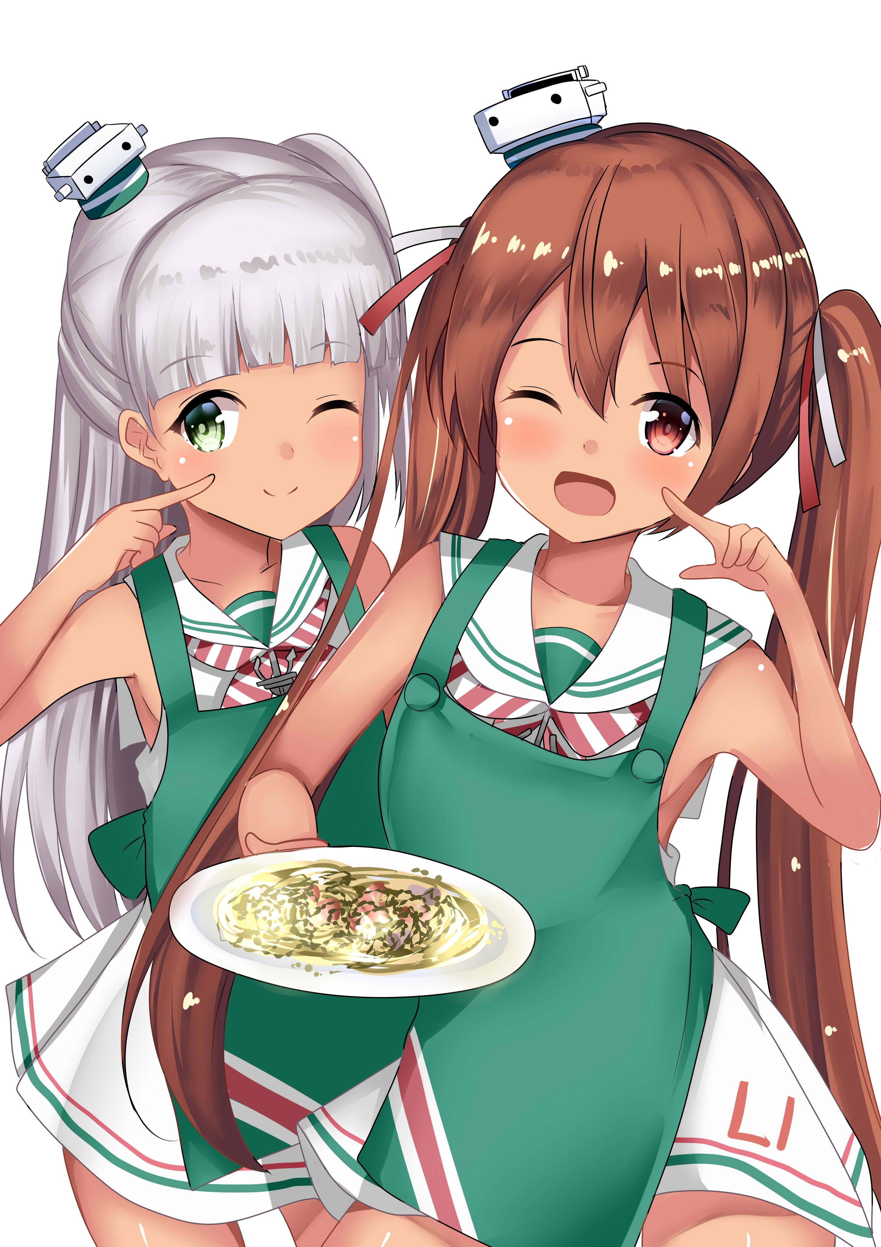 himura moritaka, libeccio (kancolle), maestrale (kancolle), kantai collection, absurdres, highres, 2girls, apron, blunt bangs, brown eyes, brown hair, clothes writing, cowboy shot, dark-skinned female, dark skin, dress, food, green apron, green eyes, grey hair, hat, long hair, mini hat, multiple girls, neckerchief, one eye closed, one side up, pasta, sailor collar, sailor dress, simple background, striped neckerchief, tilted headwear, twintails, white background, white sailor collar