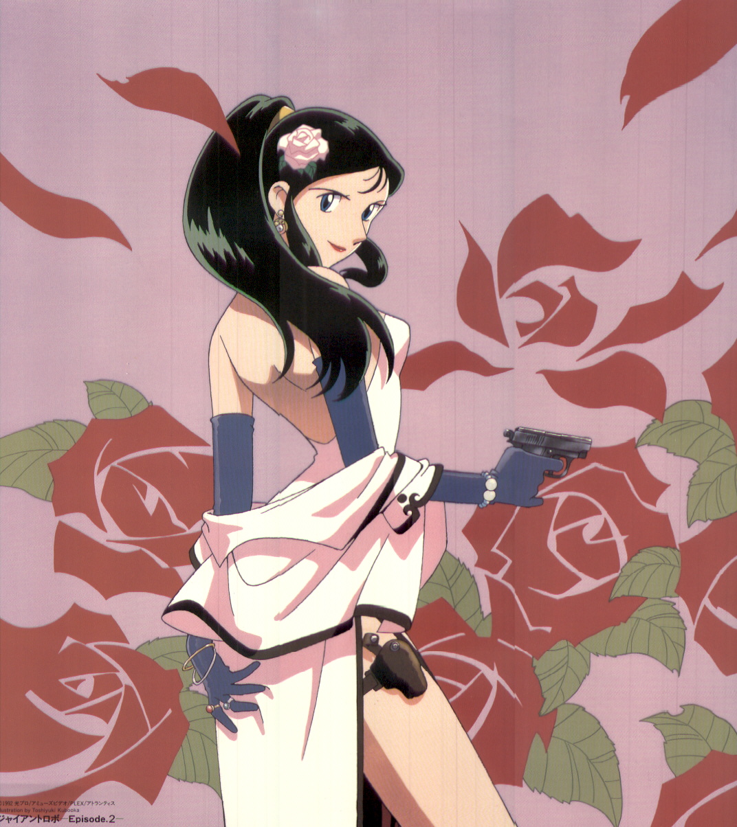ginrei (giant robo), giant robo, highres, official art, scan, 1990s (style), 1girl, black eyes, black hair, blue eyes, earrings, elbow gloves, female focus, floating earrings, flower, gloves, gun, gun holster, hair flower, hair ornament, high ponytail, holster, jewelry, long hair, looking back, off shoulder, pink flower, pink rose, ponytail, retro artstyle, rose, smile, solo, weapon