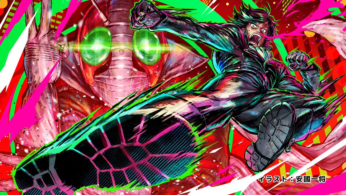 yasukuni kazumasa, kamen rider v3, kamen rider, kamen rider v3 (series), tokusatsu, toujima tanzaburou wa kamen rider ni naritai, official art, 2boys, antennae, belt, biker clothes, bikesuit, black gloves, bodysuit, boots, compound eyes, finishing move, flying kick, gloves, green eyes, kicking, long sleeves, mask, multiple boys, open mouth, rider kick, scarf, shimamura ichiyo, white gloves, white scarf