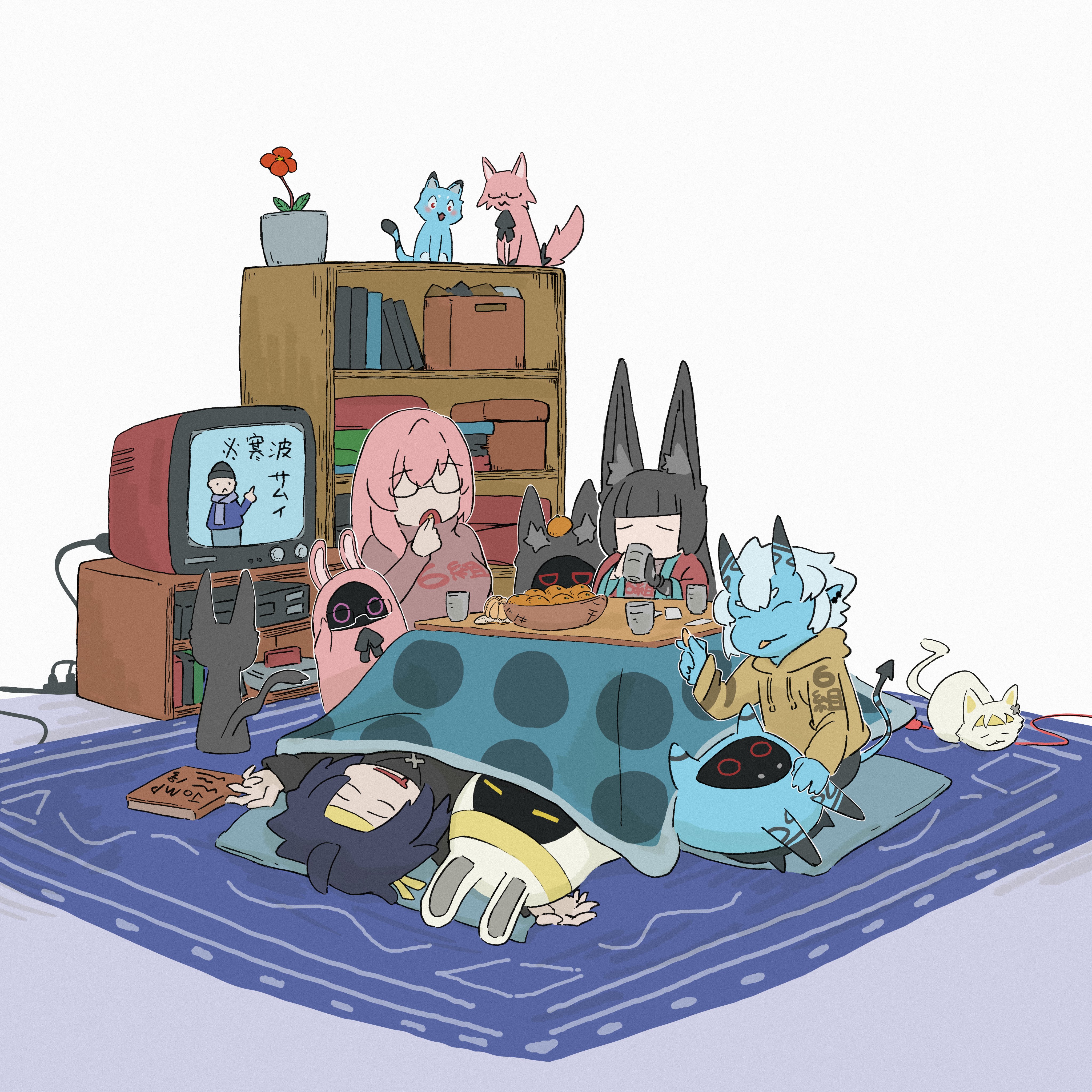 kumao max, asaba harumasa, asaboo (zenless zone zero), bangboo (zenless zone zero), hoshimi miyabi, miyaboo (zenless zone zero), soukaboo (zenless zone zero), soukaku (zenless zone zero), tsukishiro yanagi, zenless zone zero, absurdres, highres, 1boy, 3girls, alternate costume, animal, animal ear fluff, animal ears, asaba harumasa (cat), black hair, blue skin, book, bowl, box, breasts, cat, closed eyes, colored skin, cup, cushion, eating, faceless, faceless female, flower, food, fox ears, fox girl, fruit, glasses, headband, holding, holding cup, hood, hood down, hoodie, horns, hoshimi miyabi (cat), kotatsu, long hair, long sleeves, lying, multiple girls, on back, open mouth, orange (fruit), pink hair, red flower, simple background, sitting, sleeping, soukaku (cat), sweater, table, tail, television, tsukishiro yanagi (cat), white hair, yellow headband, yunomi