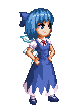 divine (scfworks), cirno, embodiment of scarlet devil, touhou, lowres, 1girl, blue eyes, blue hair, dress, female focus, full body, matching hair/eyes, pixel art, ribbon, short hair, solo, standing, transparent background, wings