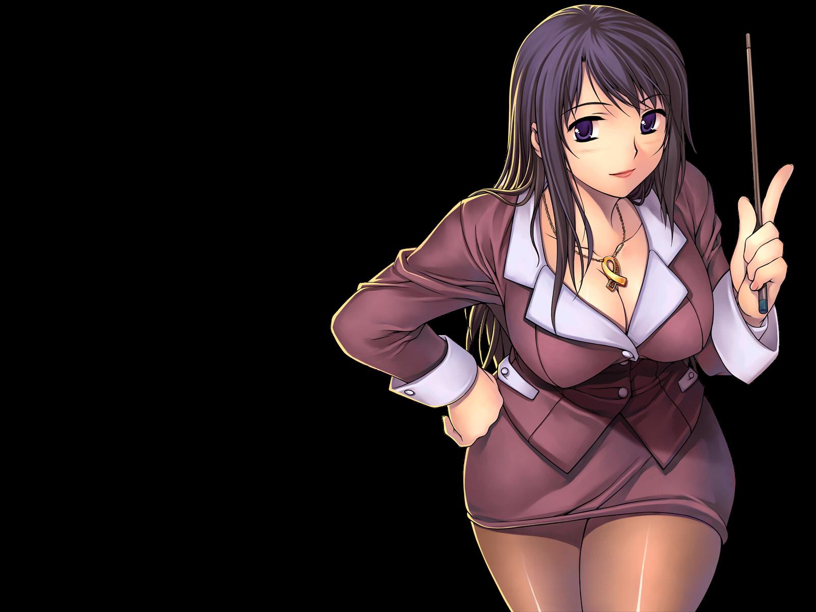 soo-hyon lee, hae-young na, unbalance unbalance, unbalance x unbalance, highres, 1girl, black eyes, breasts, brown hair, cleavage, female focus, formal clothes, hand on own hip, hip focus, jacket, jewelry, large breasts, leaning forward, lipstick, long hair, makeup, miniskirt, necklace, pantyhose, pencil skirt, pointer, purple eyes, purple hair, simple background, skirt, skirt suit, smile, solo, suit, teacher
