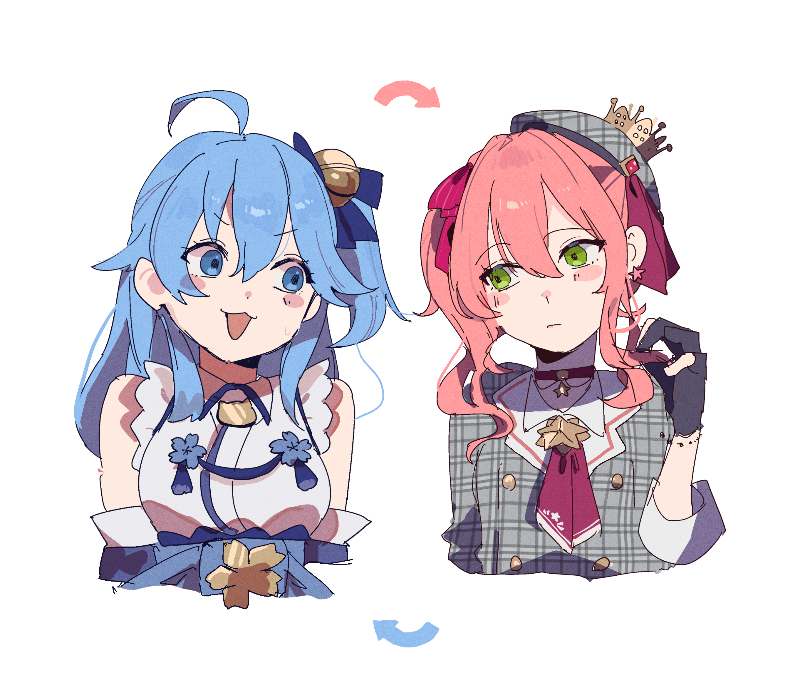 bun (bun 5u), hoshimachi suisei, sakura miko, hololive, commentary, highres, 2girls, ahoge, bell, blue eyes, blue hair, blush, breasts, choker, green eyes, grey hat, hair bell, hair between eyes, hair ornament, hat, jacket, jewelry, jingle bell, large breasts, long hair, long sleeves, looking at another, multiple girls, nontraditional miko, one side up, open mouth, pink hair, plaid clothes, plaid hat, plaid jacket, ribbon, shirt, side ponytail, simple background, small breasts, smile, star (symbol), star choker, upper body, virtual youtuber, white background, white shirt