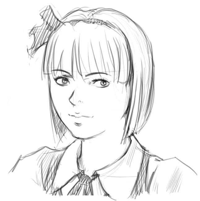 divine (scfworks), konpaku youmu, touhou, 1girl, female focus, greyscale, hairband, monochrome, short hair, sketch, solo, upper body, white background