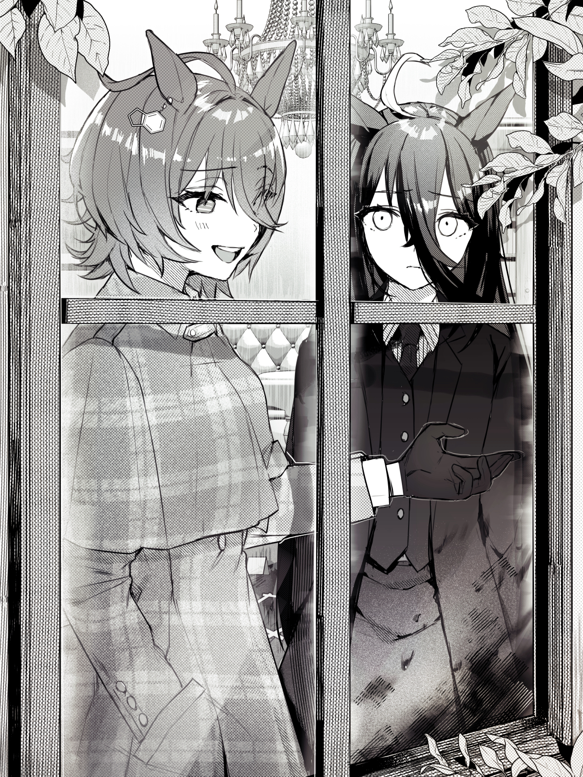 nochatea, agnes tachyon (umamusume), manhattan cafe (umamusume), umamusume, highres, 2girls, ahoge, alternate costume, animal ears, capelet, chandelier, closed mouth, coat, earrings, gloves, greyscale, hair between eyes, hand in pocket, horse ears, horse girl, jewelry, long hair, long sleeves, looking at another, monochrome, multiple girls, necktie, open mouth, short hair, single earring, vest, window