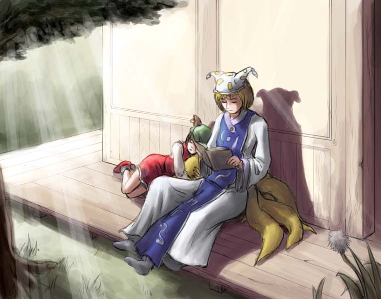 divine (scfworks), chen, yakumo ran, touhou, 2girls, animal ears, animal hat, blonde hair, book, brown hair, cat ears, cat girl, cat tail, day, earrings, female focus, fox tail, hat, jewelry, long sleeves, mob cap, multiple girls, multiple tails, outdoors, shoes, short hair, sleeping, socks, tail, tassel, wide sleeves