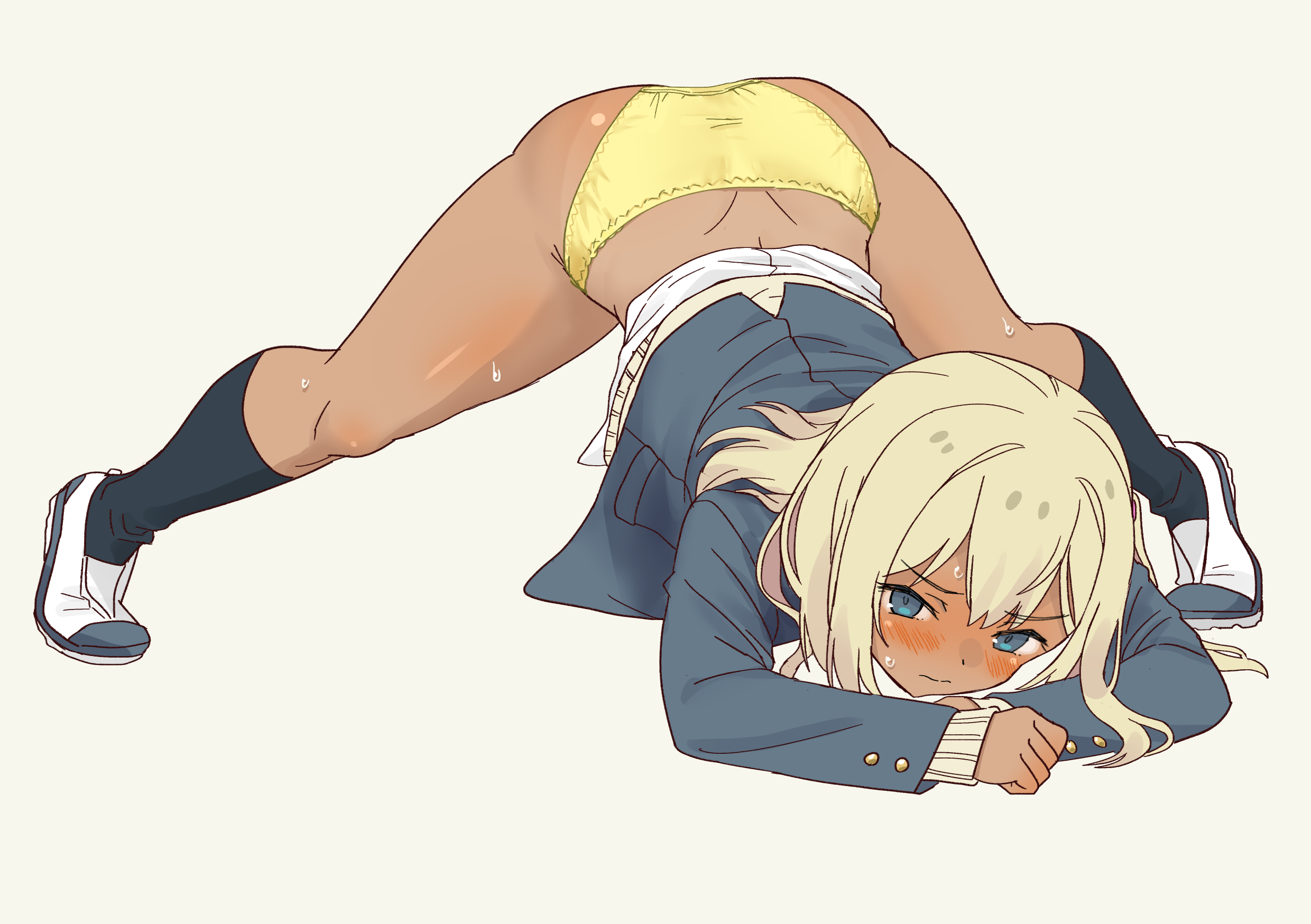 daipunch, galzaki-san (daipunch), original, commentary request, highres, variant set, 1girl, ass, blonde hair, blue eyes, blush, cardigan, crotch seam, dark-skinned female, dark skin, embarrassed, full body, gyaru, hands on ground, jack-o' challenge, kogal, looking at viewer, meme, panties, school uniform, shoes, simple background, socks, solo, spread legs, sweat, tan, thighs, top-down bottom-up, underwear, white background, wide spread legs, yellow panties
