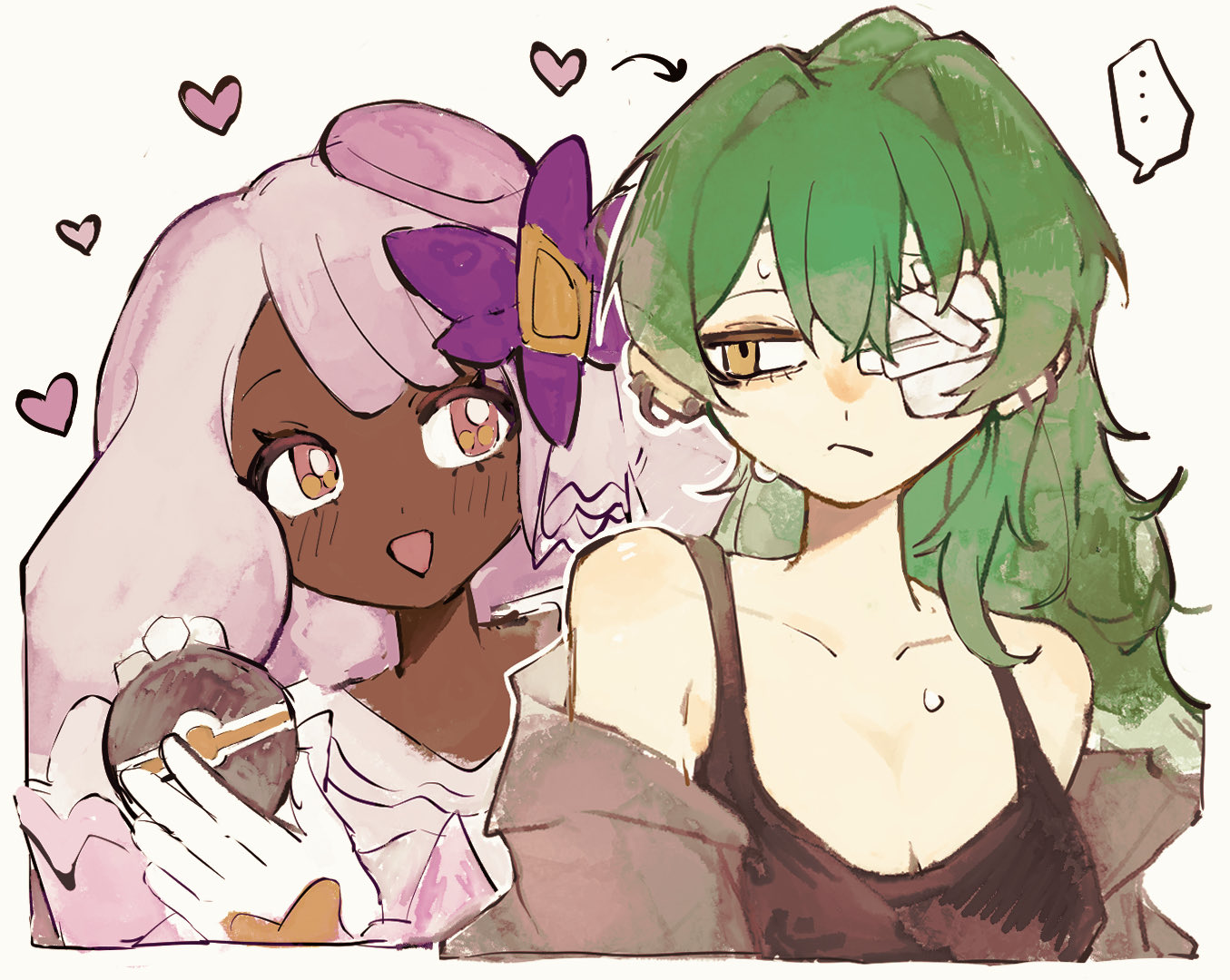 chamopichamo, jacinthe (pokemon), lebanne (pokemon), nintendo, pokemon, pokemon legends: z-a, …, 2girls, aged down, alternate costume, arrow (symbol), bandage over one eye, bare shoulders, black gloves, black tank top, breasts, bright pupils, cleavage, dark-skinned female, dark skin, dress, ear piercing, eye contact, fascinator, gloves, hair intakes, half-closed eyes, hands up, heart, holding, holding poke ball, jacket, juliet sleeves, light blush, light frown, long hair, long sleeves, looking at another, looking to the side, low drills, luxury ball, multiple girls, off shoulder, open mouth, piercing, poke ball, ponytail, portrait, puffy sleeves, purple dress, purple eyes, purple hair, smile, spoken ellipsis, sweatdrop, tank top, very dark skin, white gloves, white pupils, yuri