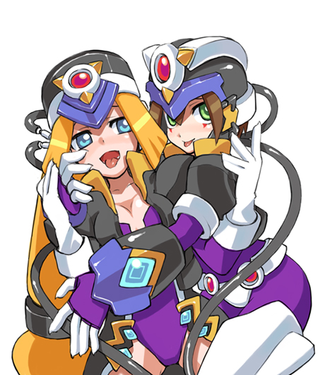 shigehiro (hiroi heya), aile (mega man zx), prairie (mega man), capcom, mega man (series), mega man zx, 2girls, blonde hair, blue eyes, breasts, brown hair, cosplay, green eyes, hug, medium breasts, multiple girls, tongue