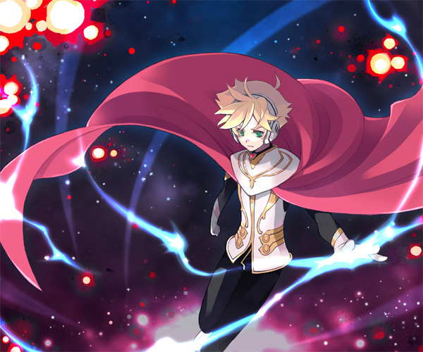 in vivo in vitro, jomy marquis shin, toward the terra, bad id, bad pixiv id, 1boy, blonde hair, cape, gloves, green eyes, headphones, male focus, serious, solo, space, star (symbol)
