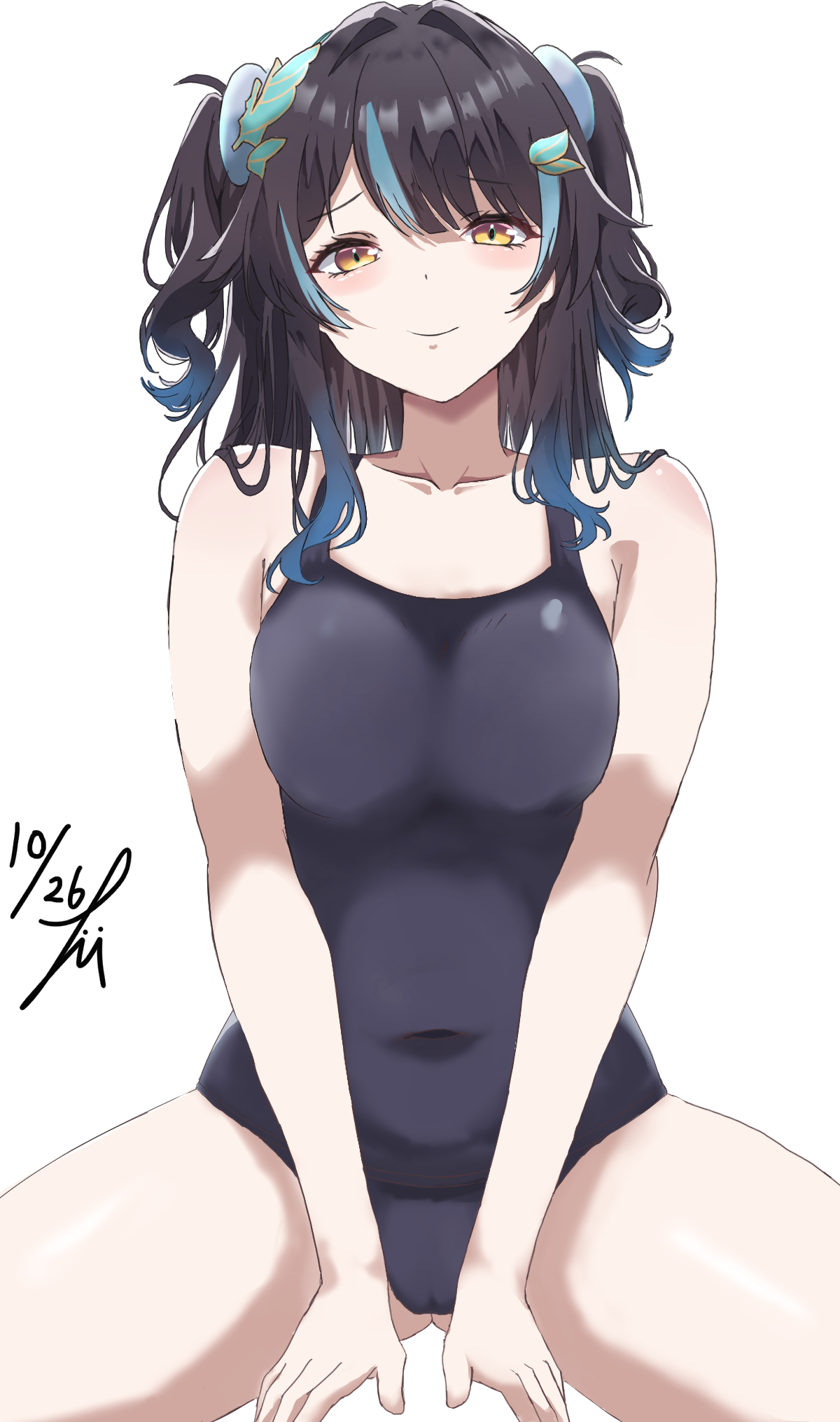 takumi munato, siris (snowbreak), snowbreak: containment zone, commentary request, highres, 1girl, bare shoulders, black hair, black one-piece swimsuit, blue eyes, blue hair, blush, breasts, cameltoe, closed mouth, collarbone, covered navel, dated, hair ornament, large breasts, long hair, looking at viewer, medium breasts, multicolored hair, one-piece swimsuit, school swimsuit, signature, simple background, sitting, smile, solo, spread legs, streaked hair, swimsuit, thighs, two-tone hair, two side up, white background, yellow eyes