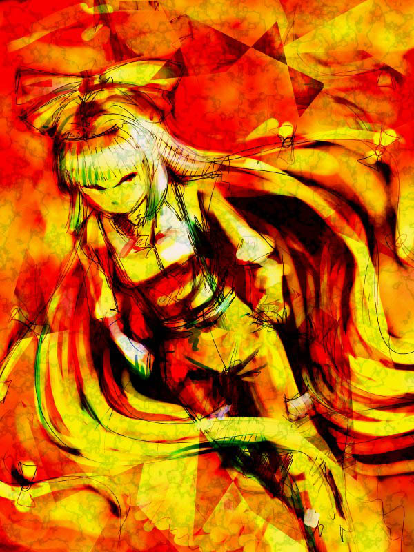 divine (scfworks), fujiwara no mokou, touhou, 1girl, female focus, hair ribbon, long hair, monochrome, pants, ribbon, solo, spot color, standing, suspenders