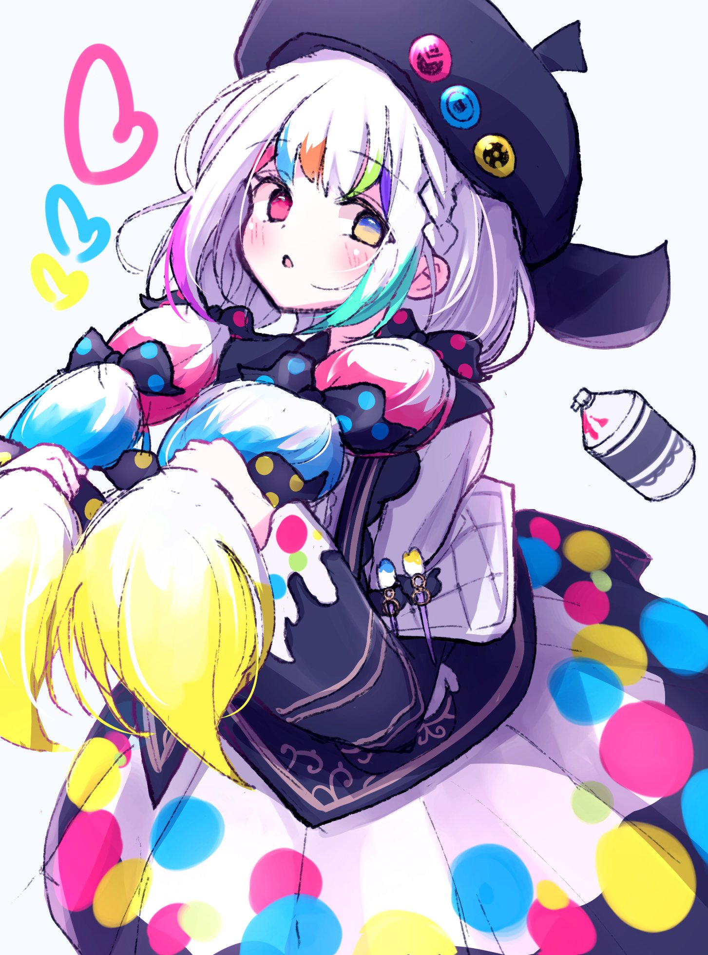 noniyama, jogasaki noah, mahou shoujo no majo saiban, commentary, highres, 1girl, artist painter, beret, black hat, bow, hair bun, hat, heterochromia, holding, holding own hair, long hair, looking at viewer, magical girl, multi-tied hair, paint stains, paintbrush, parted lips, polka dot, polka dot bow, red eyes, simple background, single hair bun, solo, spray can, spray paint, very long hair, white background, white hair, yellow eyes