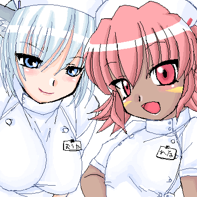 konmori (kinbou sokai), hack, kunisaki rena, ouka (.hack//), .hack//, .hack//tasogare no udewa densetsu, bandai, cyber connect 2, lowres, 00s, 2girls, animal ears, blue eyes, blush, breasts, dark-skinned female, dark skin, dog ears, flat chest, grey hair, large breasts, looking at viewer, multiple girls, nurse, oekaki, pink eyes, pink hair, short hair, smile, wolf ears