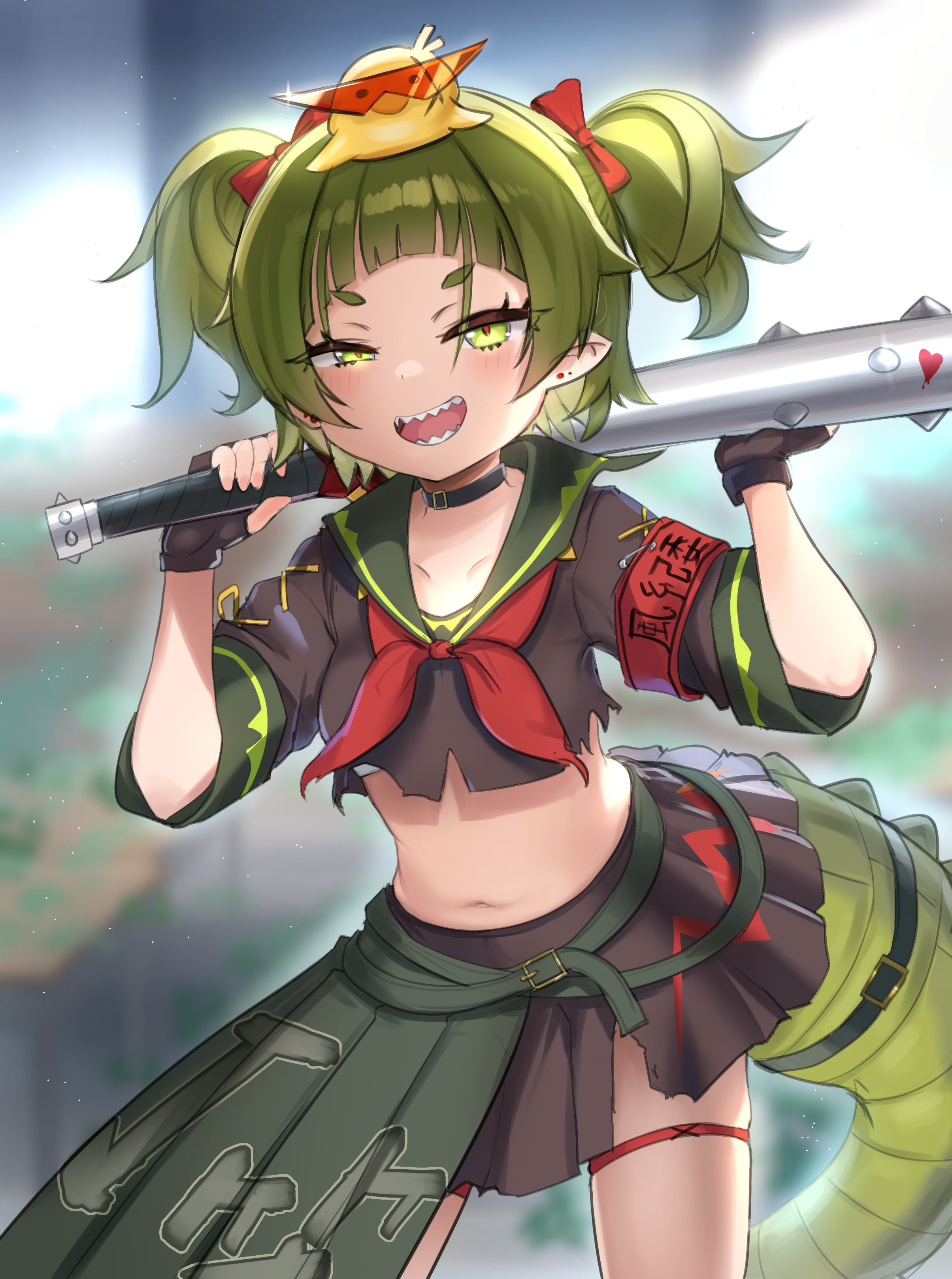 comdost, nitya nil, phase connect, absurdres, highres, 1girl, animal, animal on head, armband, bird, black choker, black gloves, black skirt, blurry, blurry background, bow, choker, crocodile girl, crocodilian tail, duck, fingerless gloves, gloves, green eyes, green hair, green skirt, hair bow, navel, neckerchief, on head, open mouth, over shoulder, red armband, red bow, red neckerchief, shadow, sharp teeth, shirt, skirt, solo, spiked bat, tail, teeth, torn clothes, torn shirt, two side up, virtual youtuber, weapon, weapon over shoulder