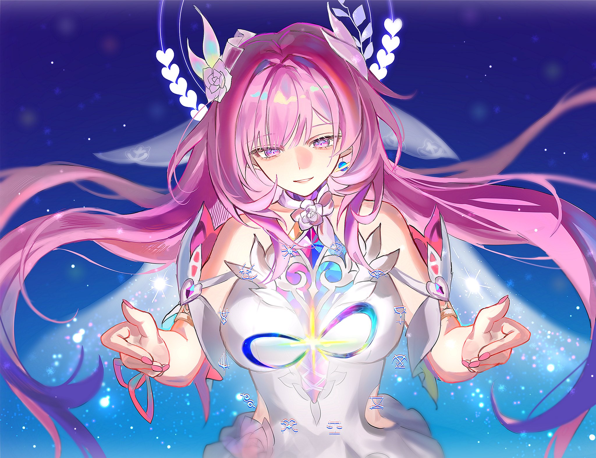 cyrene (honkai: star rail), cyrene (ripples of past reverie) (honkai: star rail), honkai: star rail, honkai (series), commentary, highres, symbol-only commentary, 1girl, amphoreus (honkai: star rail), bare shoulders, blue sky, breasts, bridal veil, diamond-shaped pupils, diamond (shape), dress, earrings, flower, hair flower, hair ornament, halo, jewelry, large breasts, long hair, mobius strip, parted lips, pink hair, pointy ears, purple eyes, sky, solo, ssamsa0404, symbol-shaped pupils, veil, very long hair, white dress