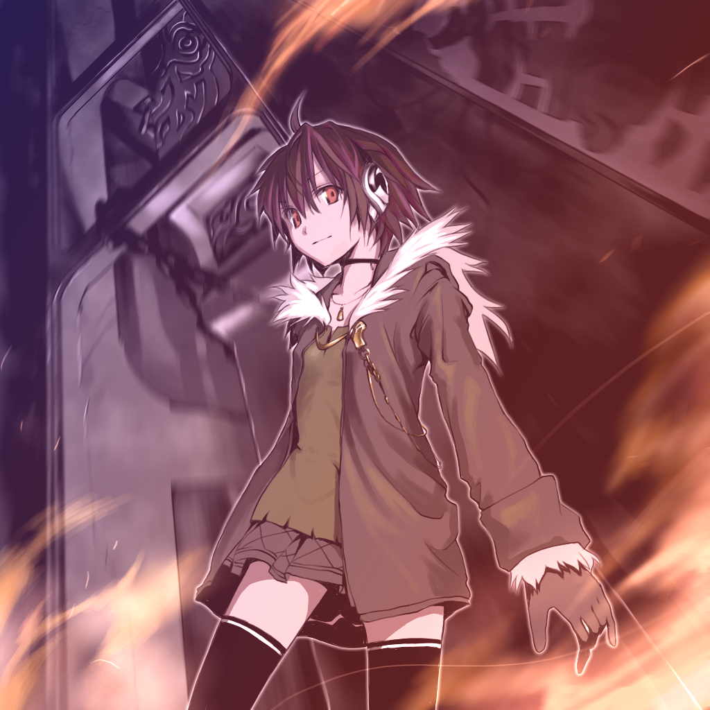 ssi, original, ahoge, brown hair, coat, from below, gloves, headphones, jewelry, necklace, red eyes, short hair, skirt, solo, thighhighs, zettai ryouiki
