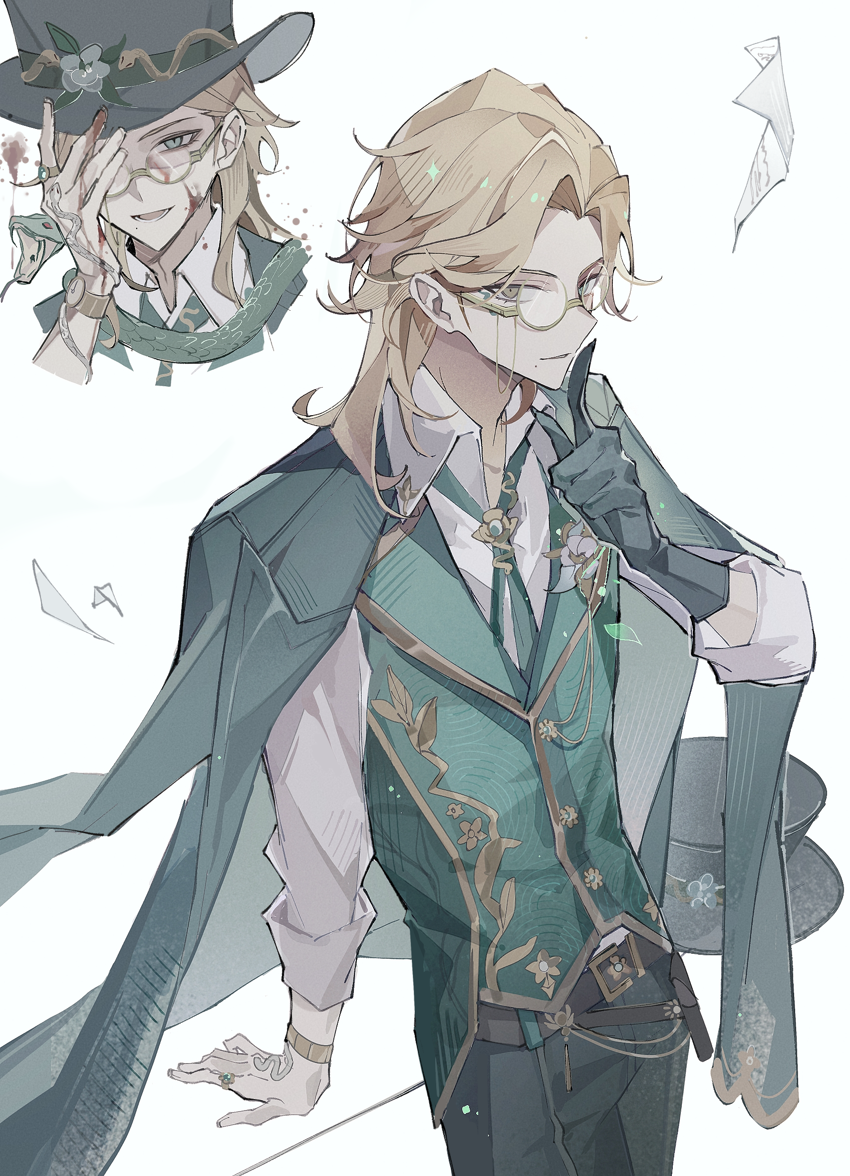 yue (shemika98425261), green glove, richard sterling (art dealer), identity v, highres, 1boy, :d, belt, bishounen, blonde hair, blood, blood on face, brown belt, cowboy shot, finger to mouth, gloves, gold trim, green eyes, green jacket, green necktie, green pants, green vest, hair intakes, hat, heterochromia, injury, jacket, jacket on shoulders, leaning on table, long hair, looking at viewer, male focus, mole, mole under mouth, necktie, official alternate costume, open mouth, pants, richard sterling, semi-rimless eyewear, shaded face, shirt, shushing, single glove, sleeves rolled up, smile, snake, solo, top hat, vest, white shirt, yellow-framed eyewear, yellow eyes