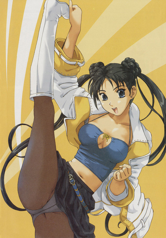 1girl, black eyes, black hair, blue eyes, boots, crotch seam, female focus, leg lift, midriff, navel, panties, panties under pantyhose, pantyhose, pantyshot, skirt, solo, twintails, underwear, upskirt, white panties