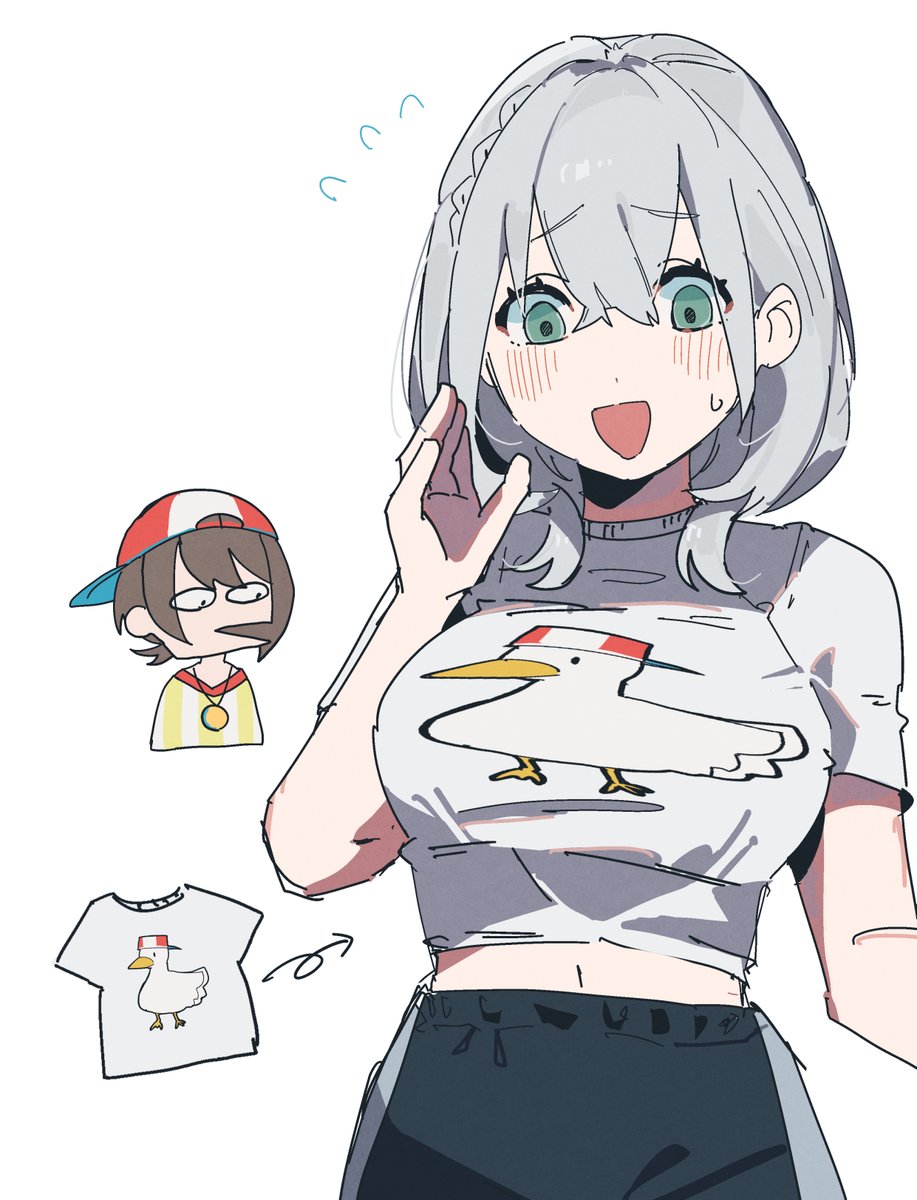 bun (bun 5u), oozora subaru, shirogane noel, hololive, commentary, highres, 2girls, backwards hat, bird, blush, braid, breasts, duck, flying sweatdrops, green eyes, grey hair, hair between eyes, hand up, hat, large breasts, medium hair, midriff peek, multiple girls, navel, open mouth, shirt, simple background, smile, solo focus, stopwatch, stopwatch around neck, striped clothes, striped shirt, swept bangs, t-shirt, vertical-striped clothes, vertical-striped shirt, virtual youtuber, watch, wavy hair, white background, yellow shirt