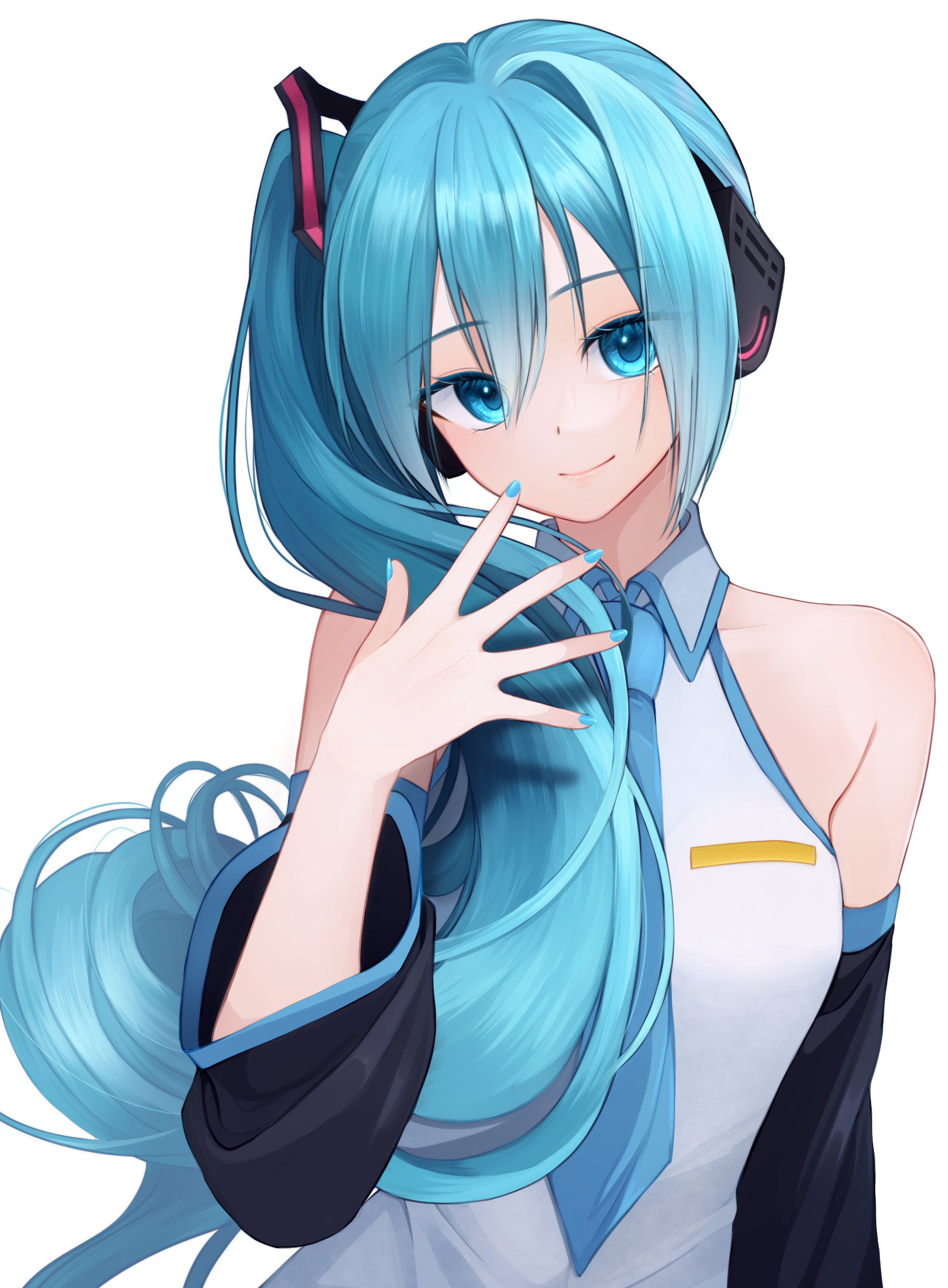 iring00, hatsune miku, hatsune miku (noodle stopper), vocaloid, absurdres, highres, 1girl, alternate hairstyle, aqua eyes, aqua hair, aqua nails, aqua necktie, aqua trim, bare shoulders, black sleeves, blush, breasts, closed mouth, collarbone, collared shirt, detached sleeves, hair between eyes, hair ornament, hair over shoulder, hand up, head tilt, headphones, long hair, long sleeves, looking at viewer, medium breasts, meme, necktie, shirt, side ponytail, sidetail miku noodle stopper (meme), simple background, sleeveless, sleeveless shirt, smile, solo, upper body, very long hair, white background, white shirt, wide sleeves