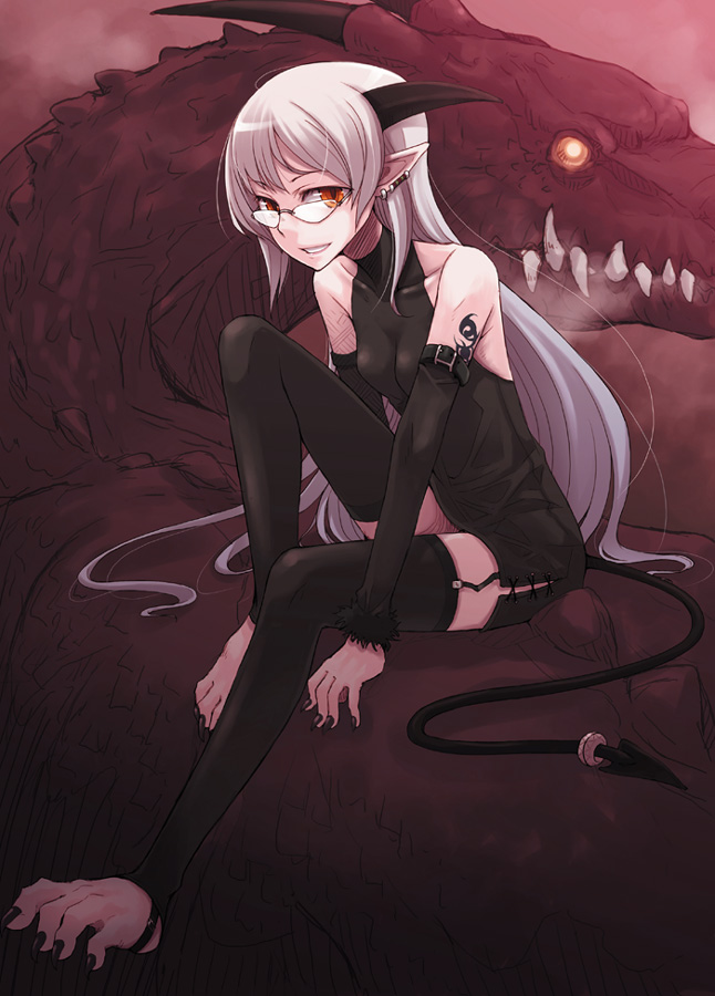 ayakura juu, silver hair, 1girl, artistic error, bare shoulders, barefoot, black dress, black nails, black thighhighs, demon girl, demon tail, detached sleeves, dragon, dress, earrings, elbow gloves, feet, female focus, full body, garter belt, garter straps, glasses, gloves, grin, horns, jewelry, long hair, nail polish, orange eyes, pointy ears, red eyes, short dress, sitting, smile, solo, spread toes, stirrup legwear, strap, tail, tail ornament, tail ring, tattoo, thighhighs, toeless legwear, toenail polish, toenails, toes, very long hair, zettai ryouiki