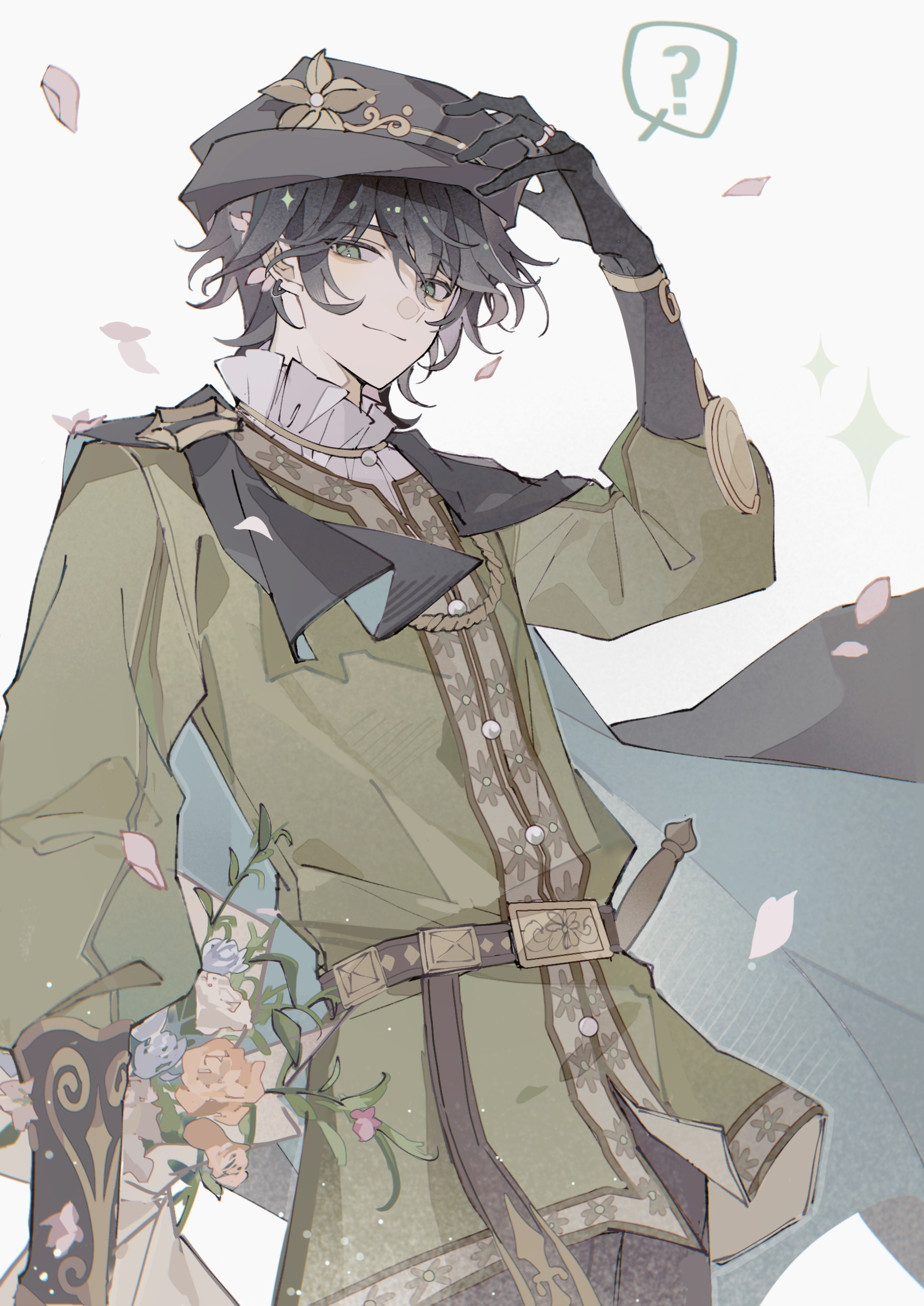 yue (shemika98425261), emil (identity v), emil (romeo) (identity v), identity v, highres, 1boy, ?, aqua cape, belt, black cape, black gloves, black hair, black hat, black pants, blue flower, blue rose, bouquet, brown belt, brown trim, cape, cherry blossoms, cowboy shot, earrings, falling petals, floating hair, flower, frilled shirt collar, frills, gloves, green eyes, green tunic, hand on headwear, hat, holding, holding bouquet, jewelry, looking at viewer, male focus, official alternate costume, orange flower, orange rose, pants, petals, puffy sleeves, ring, rose, shirt, solo, spoken question mark, tunic, two-tone cape, white flower, white rose, white shirt