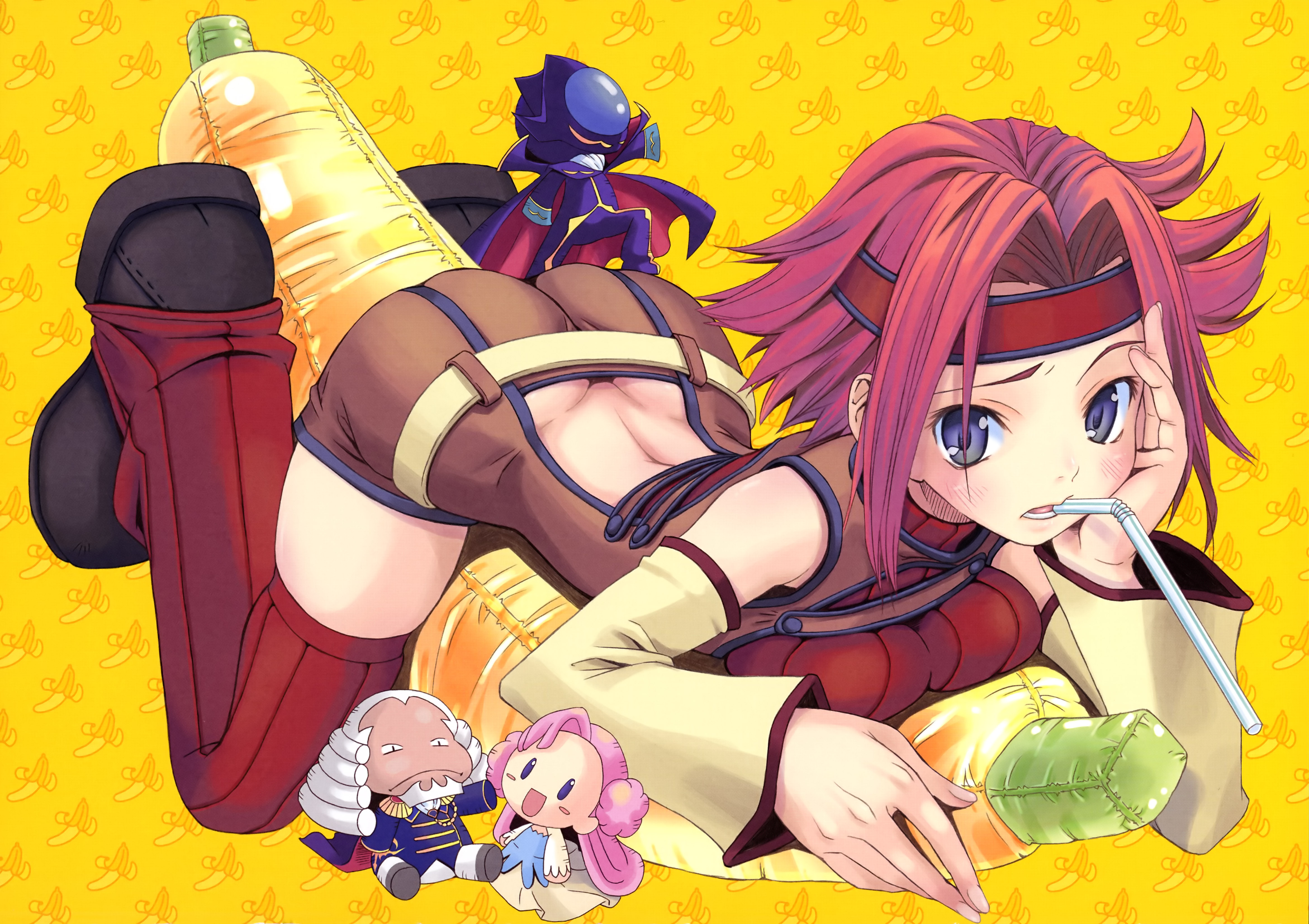 pop, charles zi britannia, euphemia li britannia, kouzuki kallen, zero (code geass), code geass, code geass heroine tribute, red legwear, uniform, absurdres, highres, scan, 00s, 2boys, 2girls, ass, back, banana, bare shoulders, belt, blue eyes, blush, blush stickers, boots, breast press, breasts, breasts squeezed together, butt crack, cape, character doll, chibi, detached sleeves, doll, double bun, downpants, drinking straw, facial hair, flipped hair, food, frown, fruit, goatee, head rest, headband, helmet, large breasts, long hair, looking at viewer, lying, mask, mouth hold, multiple boys, multiple girls, on stomach, open mouth, pillow, pink hair, red hair, short hair, sleeveless, sleeveless turtleneck, spiked hair, straddling, thighhighs, turtleneck, very long hair, white hair, wide sleeves