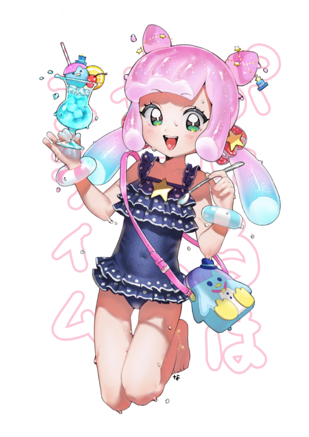 nanja, puniru (puniru wa kawaii slime), swimsuit kawaii puniru, puniru wa kawaii slime, highres, 1girl, bag, bird, blunt bangs, bracelet, cherry, covered navel, double bun, drinking straw, eyelashes, food, frilled one-piece swimsuit, frills, fruit, gradient hair, green eyes, hair bun, handbag, holding, holding spoon, jewelry, lemon, lemon slice, multicolored hair, official alternate costume, official alternate hairstyle, one-piece swimsuit, penguin, pink hair, sidelocks, spoon, swimsuit, thigh gap, tropical drink, twintails, white background