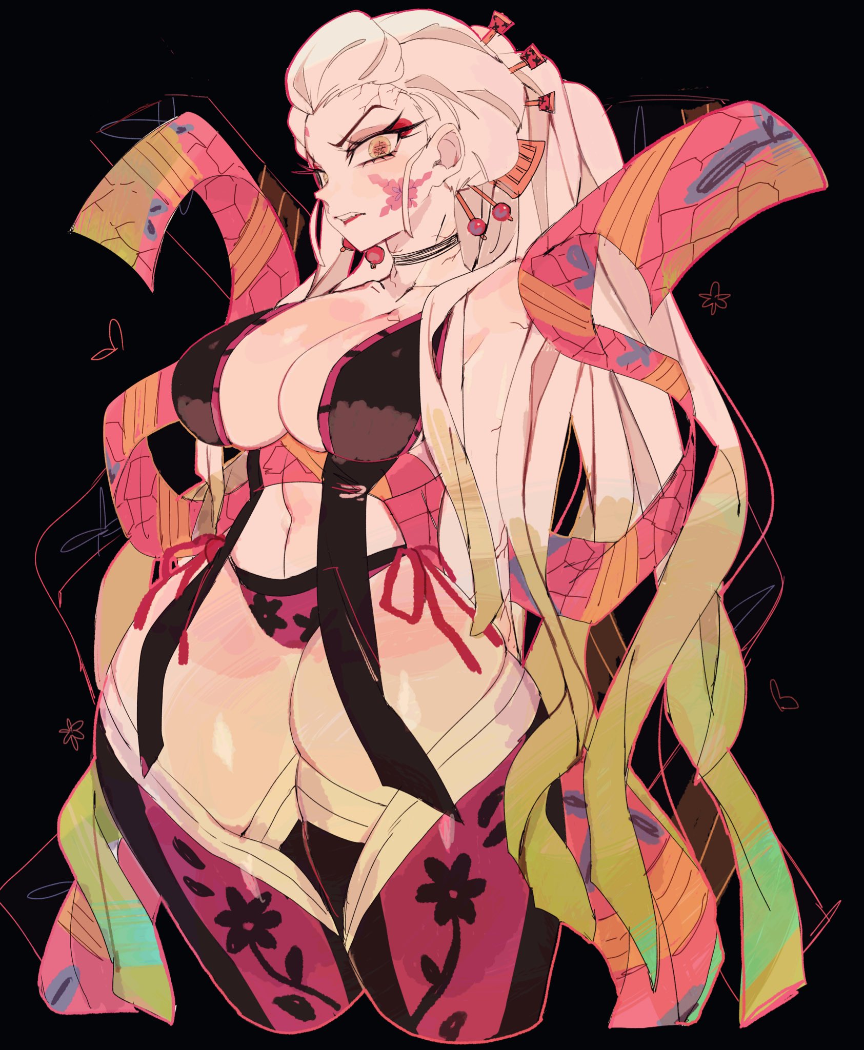 usa37107692, daki (kimetsu no yaiba), kimetsu no yaiba, highres, 1girl, bandages, black background, breasts, disgust, facial mark, floral print, huge breasts, long hair, navel, pale skin, panties, ponytail, serious, thighhighs, underwear, white hair, yellow eyes