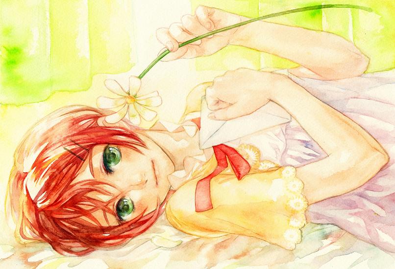 akitomo, kasumi (hitokuri), original, bad id, bad pixiv id, painting (medium), traditional media, watercolor (medium), 1girl, dress, envelope, female focus, flower, green eyes, hair ornament, hairclip, lying, red hair, short hair, solo