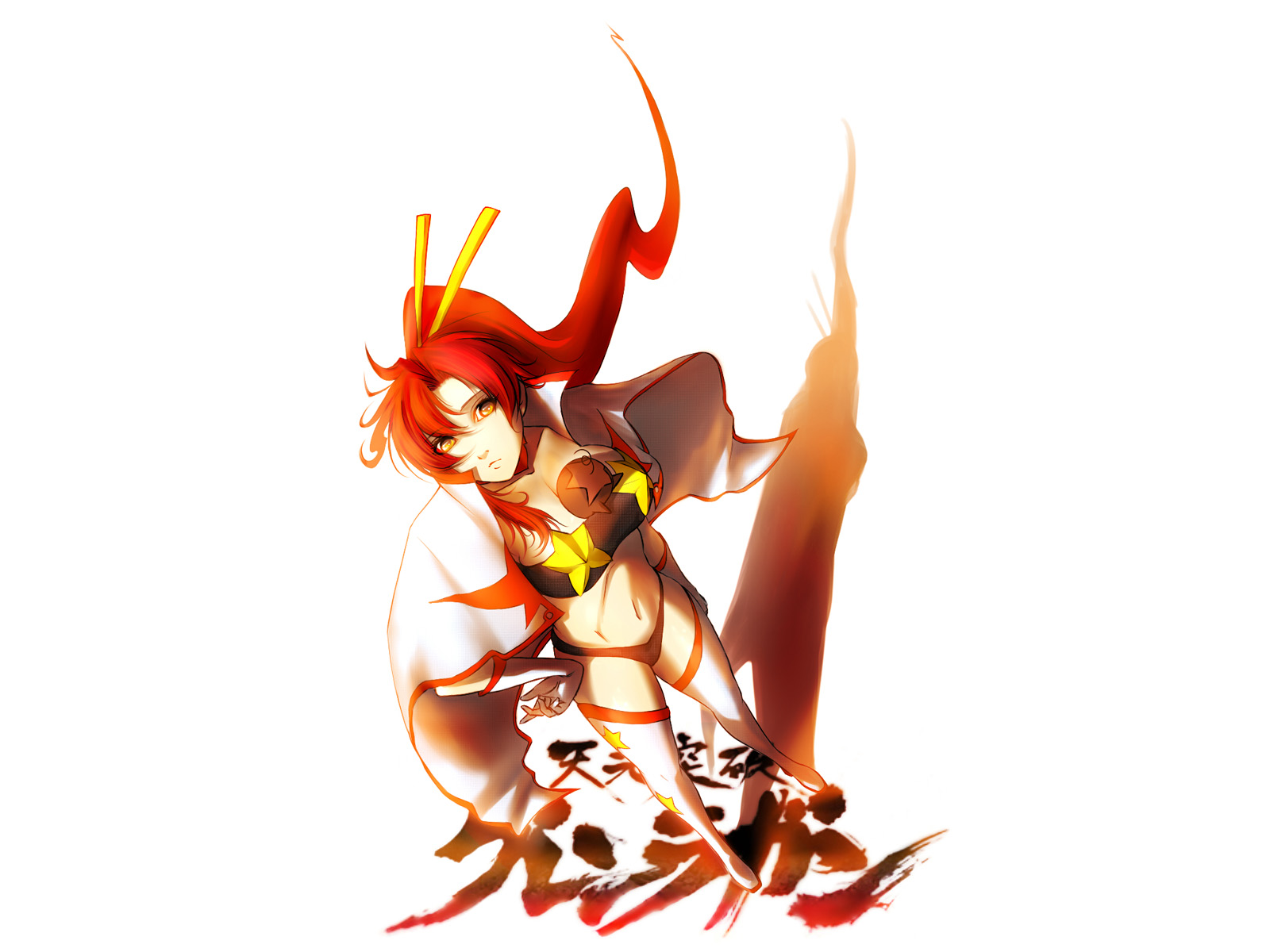 yasushi shin izumi, boota (ttgl), space yoko, yoko littner, tengen toppa gurren lagann, tengen toppa gurren lagann: lagann-hen, light, highres, 00s, 1girl, bandeau, between breasts, boots, breasts, cape, female focus, large breasts, ponytail, red hair, shadow, solo, strapless, thigh boots, thighhighs, tube top