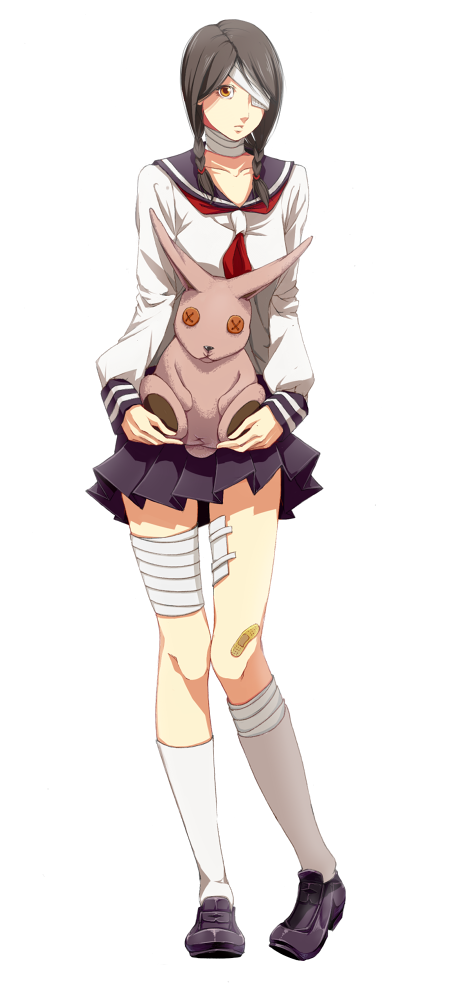 sousou (sousouworks), kobushi abiru, sayonara zetsubou sensei, 00s, 1girl, anus, bandaged head, bandaged leg, bandaged neck, bandages, bandaid, bandaid on knee, bandaid on leg, black hair, braid, eyepatch, female focus, full body, loafers, pleated skirt, school uniform, serafuku, shoes, simple background, skirt, socks, solo, standing, stuffed animal, stuffed rabbit, stuffed toy, twin braids, white background, white socks