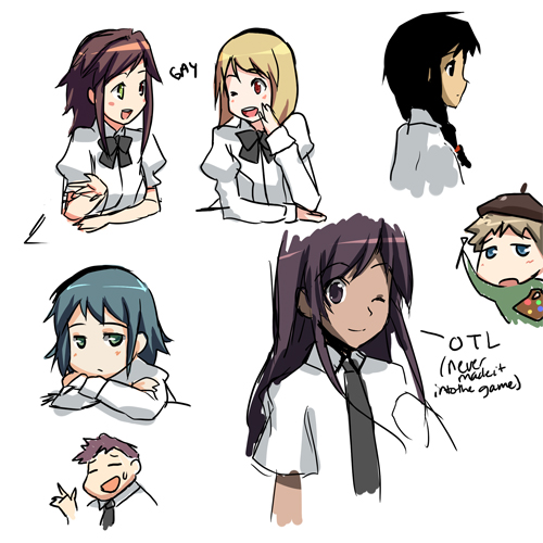 weee (raemz), arai taro, inoue naomi (katawa shoujo), maeda takashi, miura miki, molly kapur, ooe natsume, suzuki suzu, katawa shoujo, lowres, 10s, 2boys, 5girls, aqua hair, beret, black hair, blonde hair, blue eyes, braid, dark skin, green eyes, hat, heterochromia, multiple boys, multiple girls, paint palette, purple eyes, purple hair, red eyes