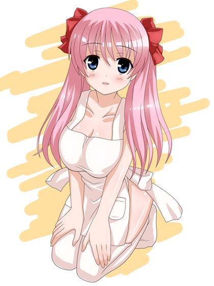 ubox, haramura nodoka, saki (manga), bad id, bad pixiv id, 00s, apron, blue eyes, blush, bow, hair bow, kneeling, long hair, naked apron, pink hair, smile, solo, thighhighs, twintails