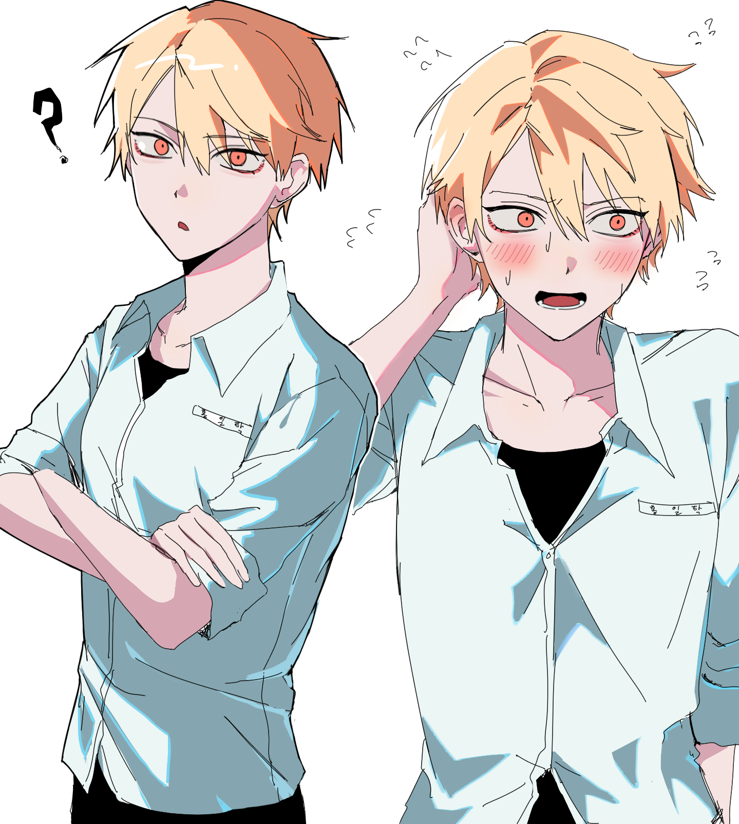 hong iltak, high school boy, commentary request, highres, korean commentary, 1boy, ?, arm behind head, black shirt, blonde hair, blush, collared shirt, crossed arms, embarrassed, looking at viewer, lower teeth only, male focus, multiple views, open mouth, pocket, shirt, sleeves rolled up, subgye, teeth, tongue, white shirt