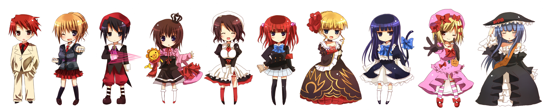 hinase haruka, beatrice (umineko), frederica bernkastel, kanon (umineko), lambdadelta, sakutarou (umineko), shannon (umineko), ushiromiya ange, ushiromiya battler, ushiromiya jessica, ushiromiya maria, virgilia (umineko), umineko no naku koro ni, striped legwear, bad id, bad pixiv id, highres, long image, wide image, 00s, 2boys, 6+girls, armband, bag, bird, black hair, blonde hair, blue eyes, blue hair, brown hair, cat tail, chibi, choker, closed eyes, crow, dress, elbow carry, flower, hair bobbles, hair ornament, handbag, hat, kiseru, maid, multiple boys, multiple girls, necktie, one eye closed, pink hat, ribbon, scarf, smoking pipe, striped clothes, striped thighhighs, tail, thighhighs, wink