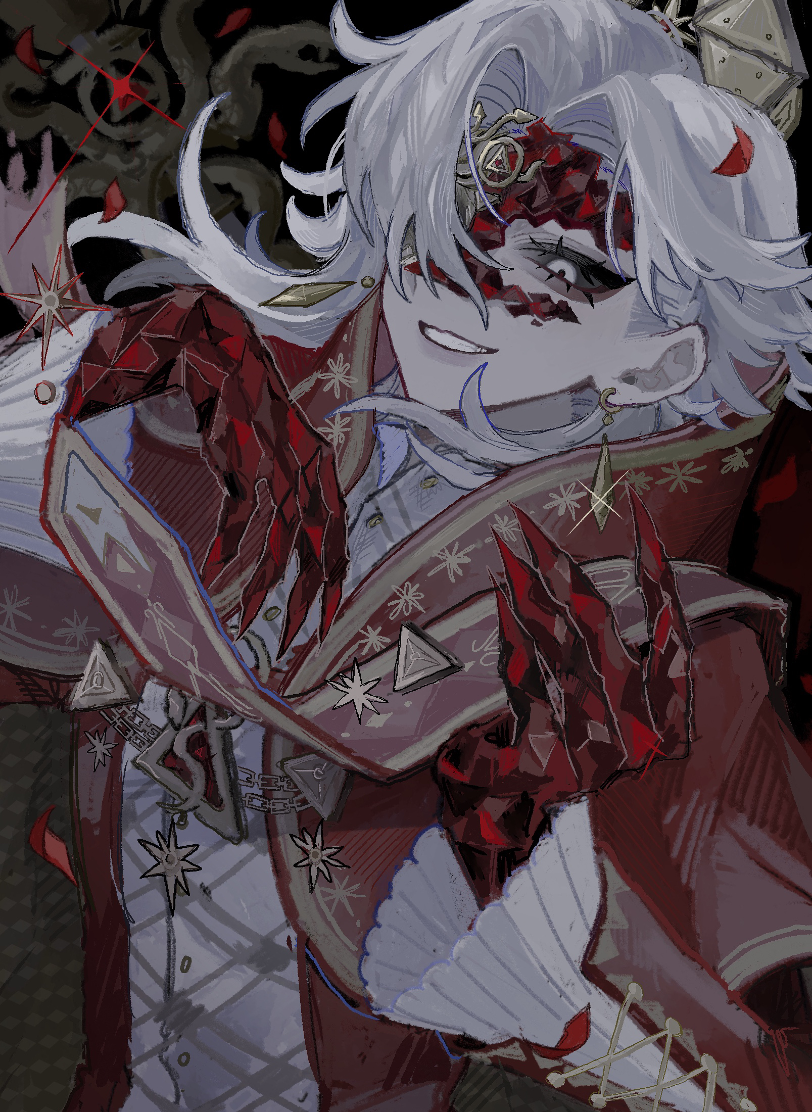 uma (npon zinsei), ithaqua (identity v), ithaqua (philosopher's stone) (identity v), identity v, highres, 1boy, androgynous, black sclera, capelet, claws, coat, colored sclera, earrings, eye mask, eyelashes, floating clothes, frilled sleeves, frills, hair intakes, hair over one eye, half eye mask, head back, high collar, jewelry, looking at viewer, male focus, mask, medium hair, mismatched earrings, muted color, official alternate costume, pale skin, red capelet, red coat, shirt, smile, smirk, solo, upper body, white eyes, white hair, white shirt, wide sleeves, yellow trim