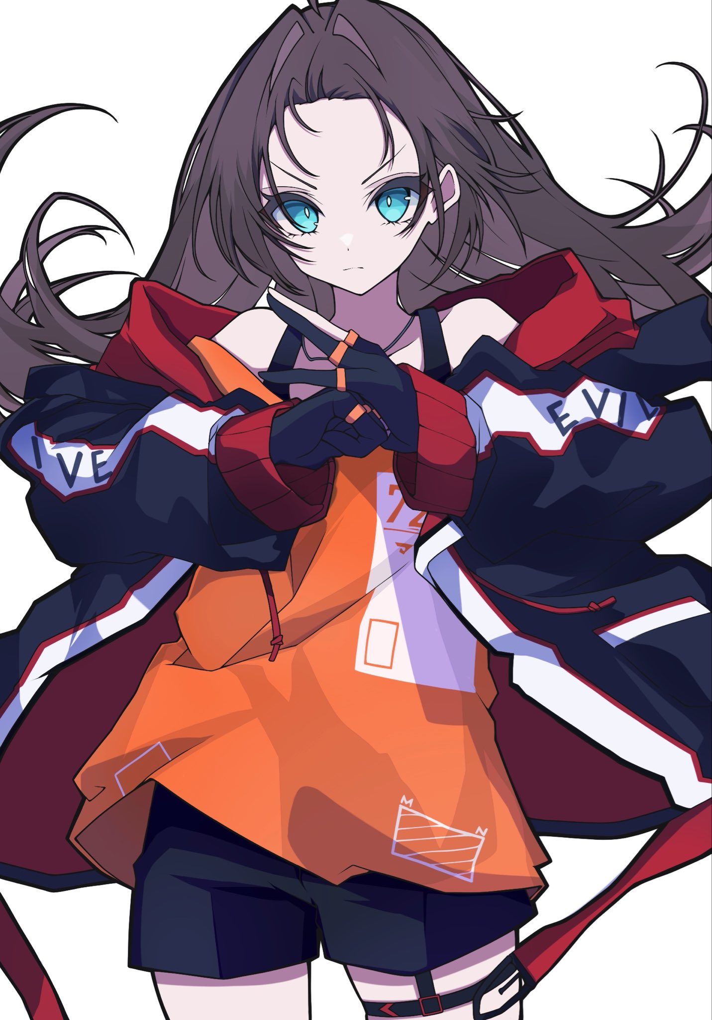 minkof nn, natsuiro matsuri, natsuiro matsuri (gaming casual), hololive, highres, blue eyes, brown hair, gloves, jacket, long hair, long sleeves, looking at viewer, open clothes, open jacket, parted bangs, shorts, simple background, solo, virtual youtuber, white background