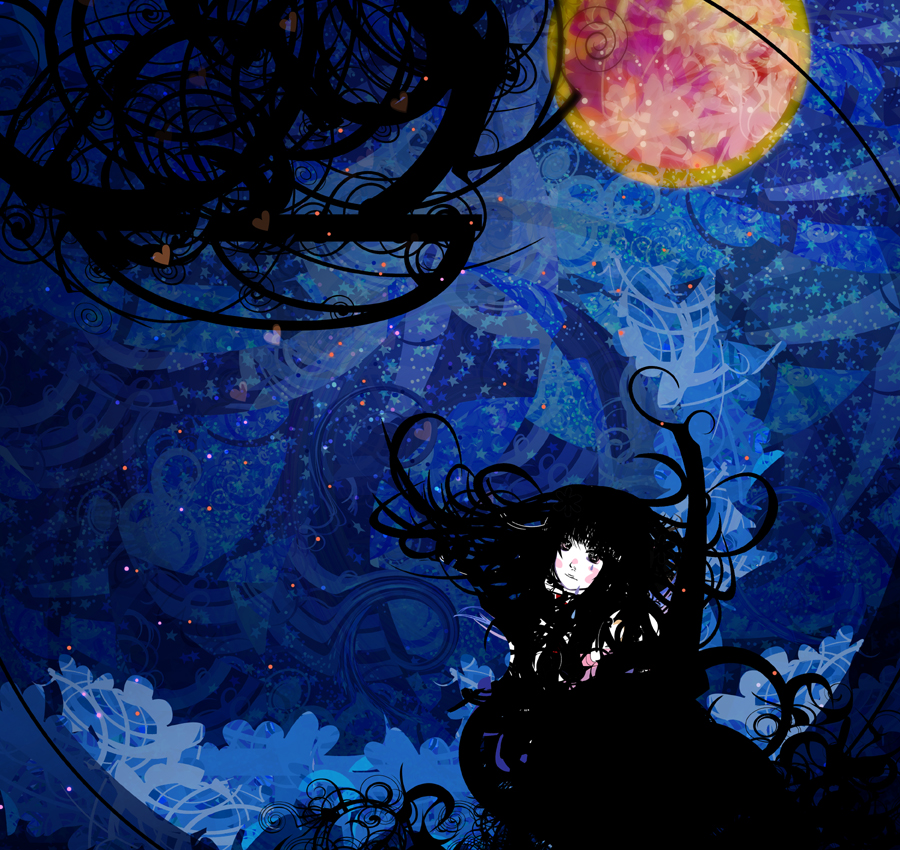 kazaana, original, 1girl, abstract, black hair, dark, female focus, full moon, heart, long hair, moon, psychedelic, solo