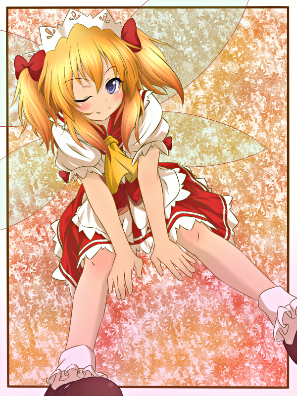 sui. (ayase), sunny milk, eastern and little nature deity, touhou, touhou sangetsusei, 1girl, blue eyes, fang, female focus, hair ribbon, one eye closed, ribbon, sitting, solo, twintails, wings, wink