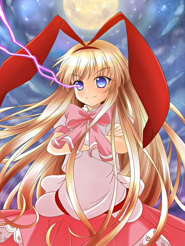 sui. (ayase), amae koromo, saki (manga), bad id, bad pixiv id, 00s, animal ears, blonde hair, blue eyes, long hair, moon, rabbit ears, solo