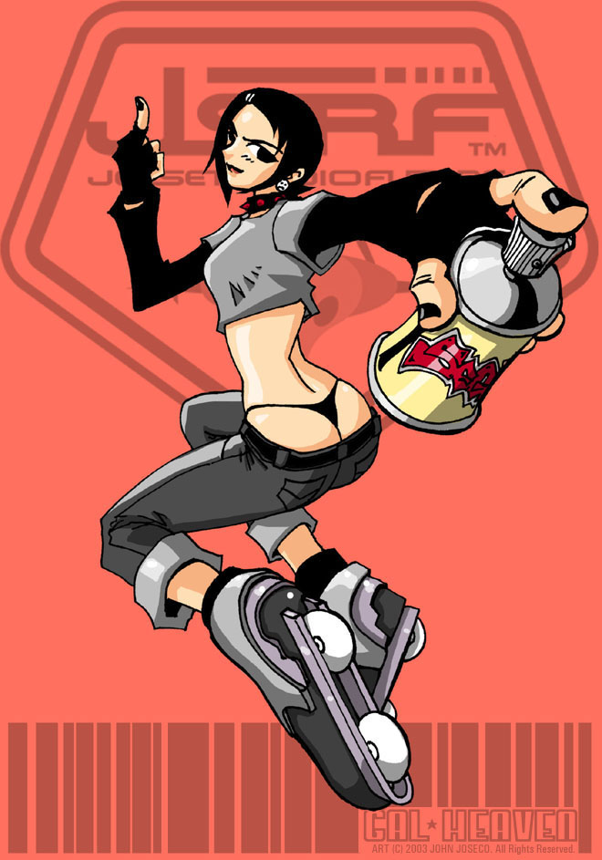 thong revolution, cube (jsrf), jet set radio, sega, ass, black hair, butt crack, middle finger, panties, thong, underwear, whale tail (clothing)