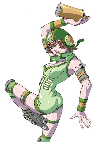 gum (jsr), jet set radio, sega, 1girl, arm up, armlet, armpits, bare shoulders, female focus, jewelry, looking at viewer, simple background, solo, standing, standing on one leg, thigh strap, white background, y2k fashion