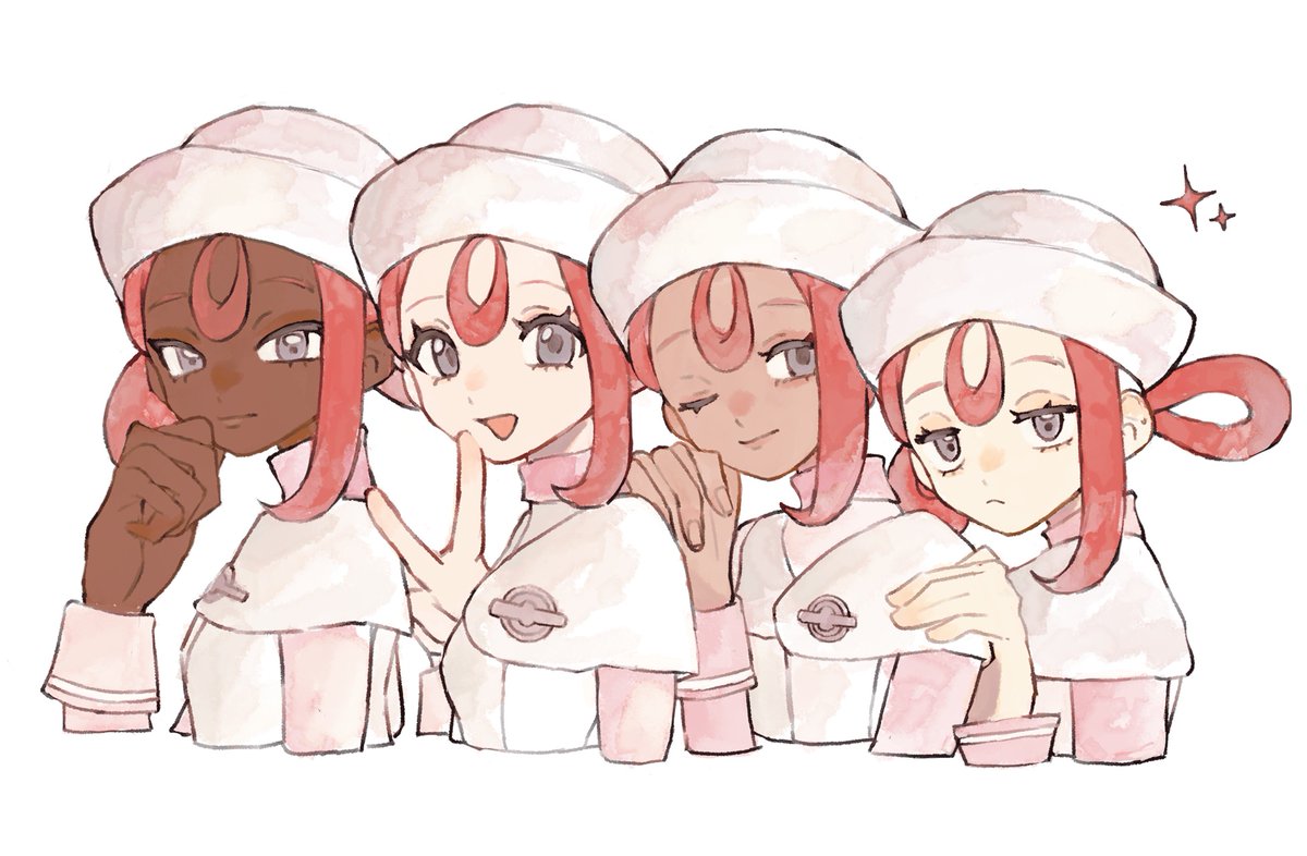 chamopichamo, joy (pokemon legends: z-a), nintendo, pokemon, pokemon legends: z-a, 2girls, badge, cropped torso, dark-skinned female, dark skin, dress, grey eyes, hair rings, half-closed eyes, hand on another's shoulder, hand on own chin, hand to own mouth, hand up, hat, light frown, long sleeves, multiple girls, multiple persona, nurse cap, one eye closed, open mouth, own hands together, pink sleeves, red hair, single sidelock, smile, v, very dark skin, white dress, white hat